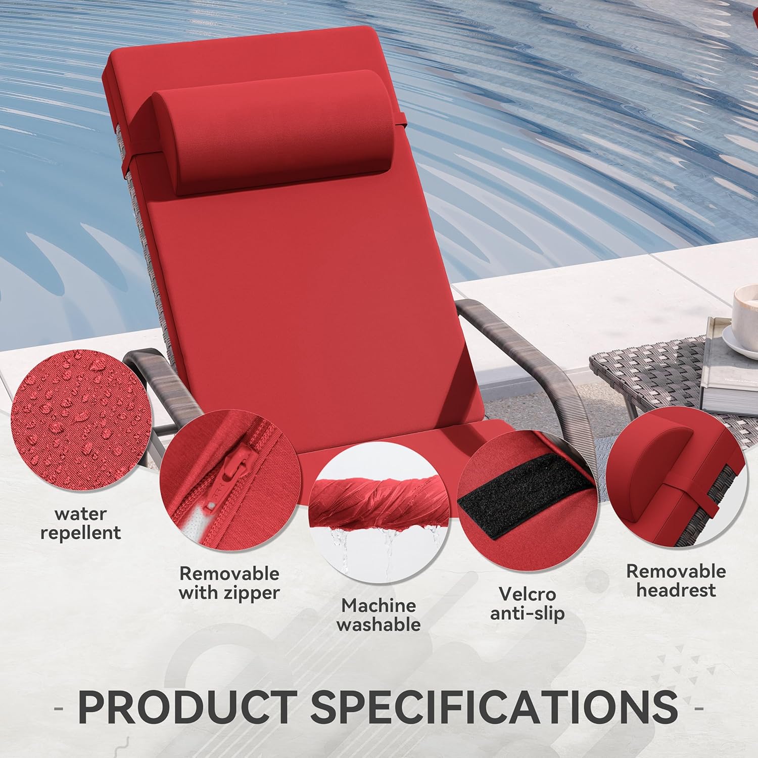 3 Pieces Patio Chaise Lounge Set Outdoor PE Rattan Armrest Lounge Chair Adjustable Backrest Reclining Chair with Folding Table and Cushion for Patio Poolside Backyard Porch Beach(Red)