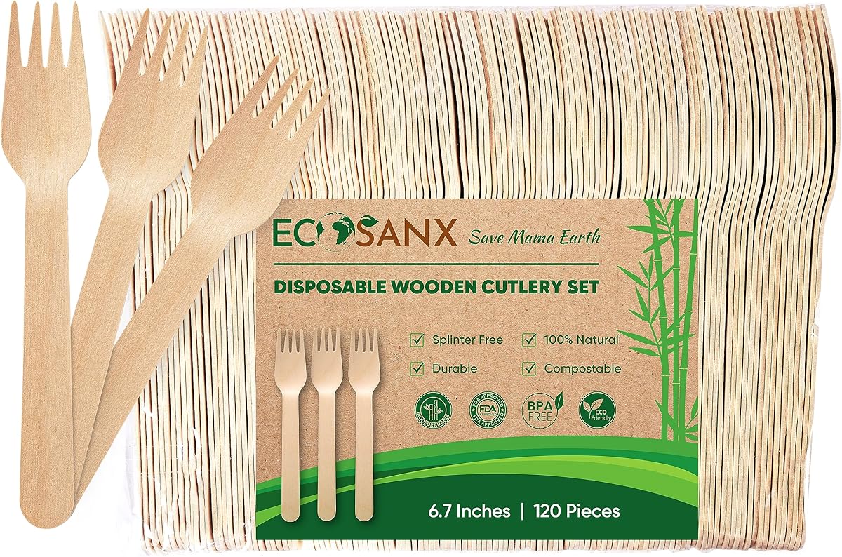 ECOSANX® 120 PCs Wooden forks for eating 6.5" Splinter Free Compostable Forks, Eco-Friendly Wooden Cutlery set for Party & Outdoor, Disposable forks for Camping, Events & More