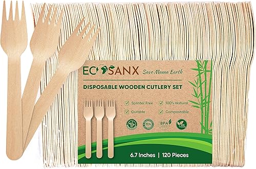 Miniatura 1 de Juego de cubiertos de madera de 120 piezas, utensilios compostables sin astillas, biodegradables, ecológicos, 100% naturales, utensilios de bambú