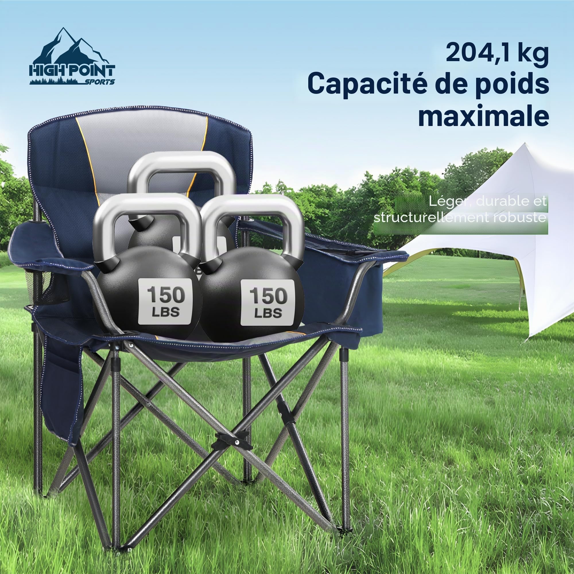 High Point Sports Chaise Pliante Camping Fauteuil Pliable Chaise de Plage 200KG Chargeable Chaise Pliante 62cm Largeur d'assise avec Poche latérale & Porte, Camping, Jardin, Pêche, Terrasse, Bleu