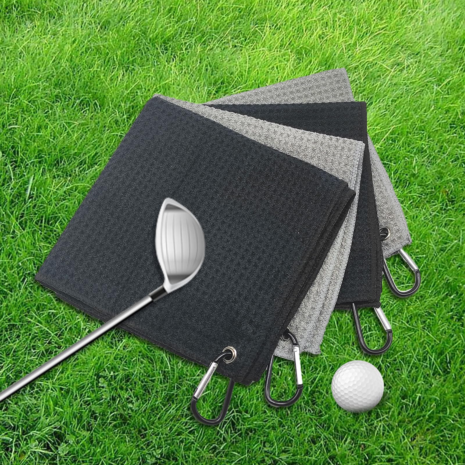 TSHAOUN 4 Pezzi Asciugamano da Golf in Microfibra, Asciugamano per Pulizia del Golf con Clip, Asciugamano Sportivo Pieghevole per Campo da Golf, Palestra, Campeggio, 30 * 30cm (Nero,Grigio)