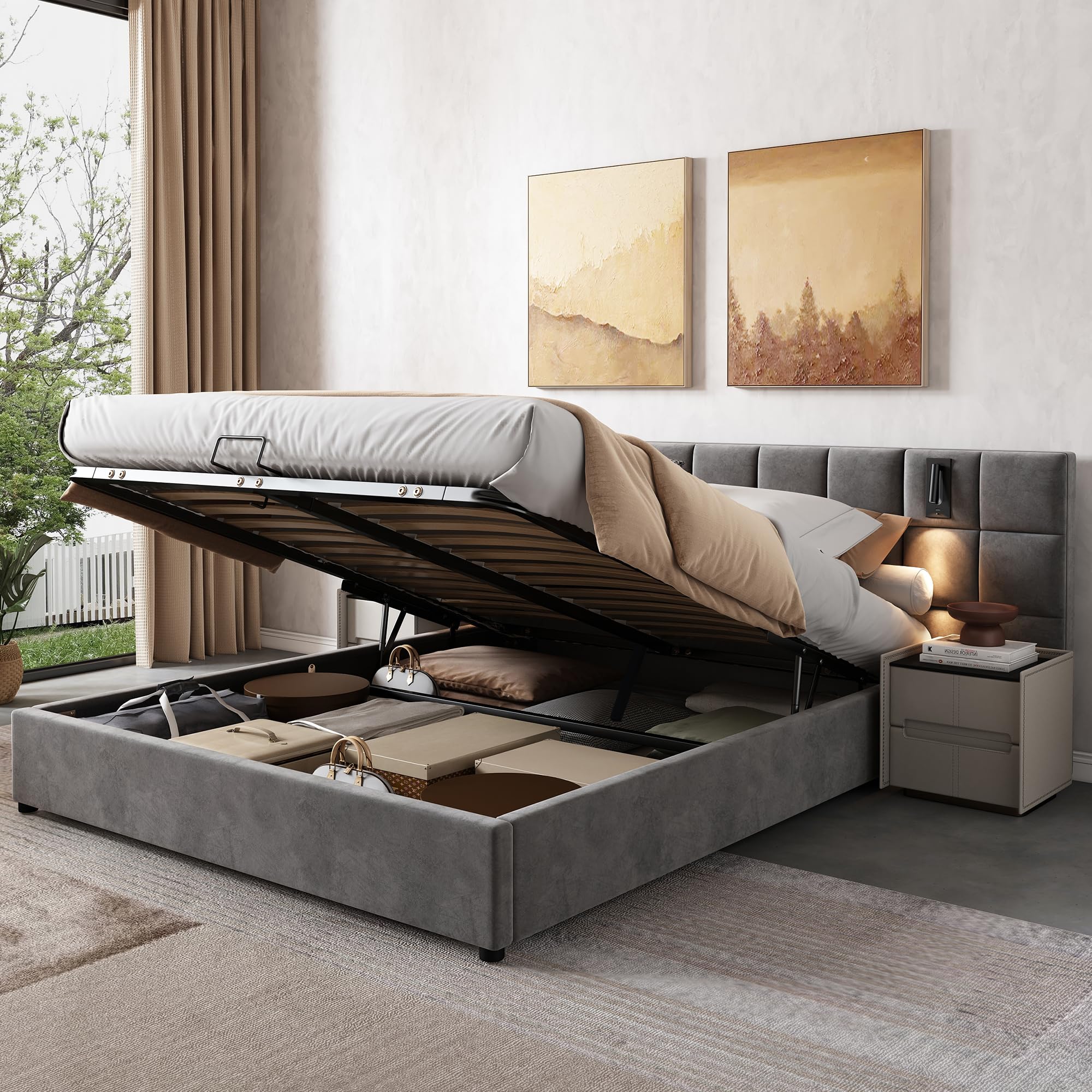 Cama Doble 180x200 cm, Cama Tapizada con Lámpara Direccional y Carga USB, Cama Matrimonio con Cabecero Ancho y Estructura de Acero, Espacio de Almacenamiento Hidráulico, Gris, Sin Colchón