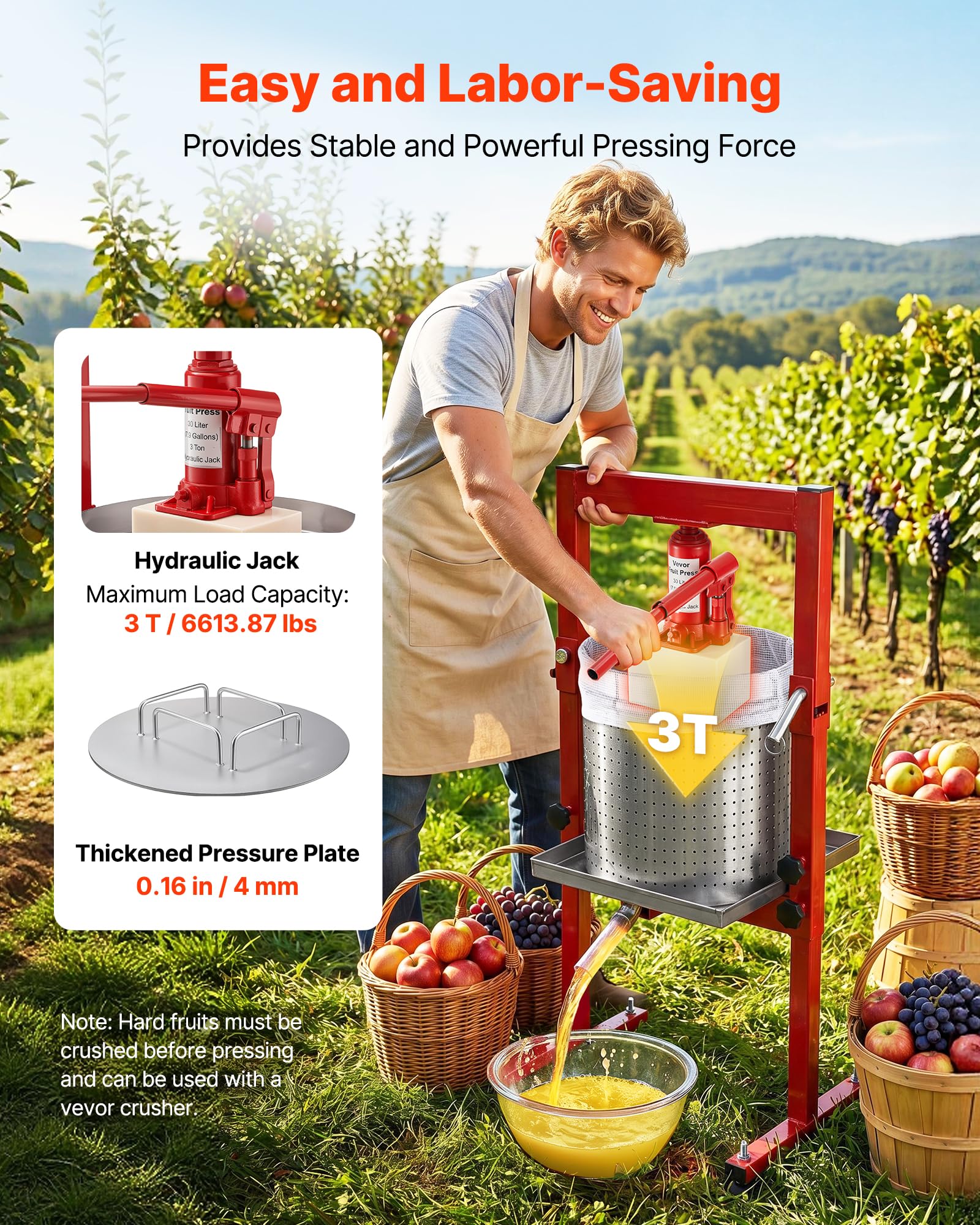VEVOR Manuelle Beerenpresse 30 L aus Edelstahl, Weinpresse und Obstpresse für Äpfel, Weintrauben, Orangen und Gemüse, Apfelpresse mit 2 Filterbeuteln, 40 x 32 x 61 cm Hydraulische Saftpresse