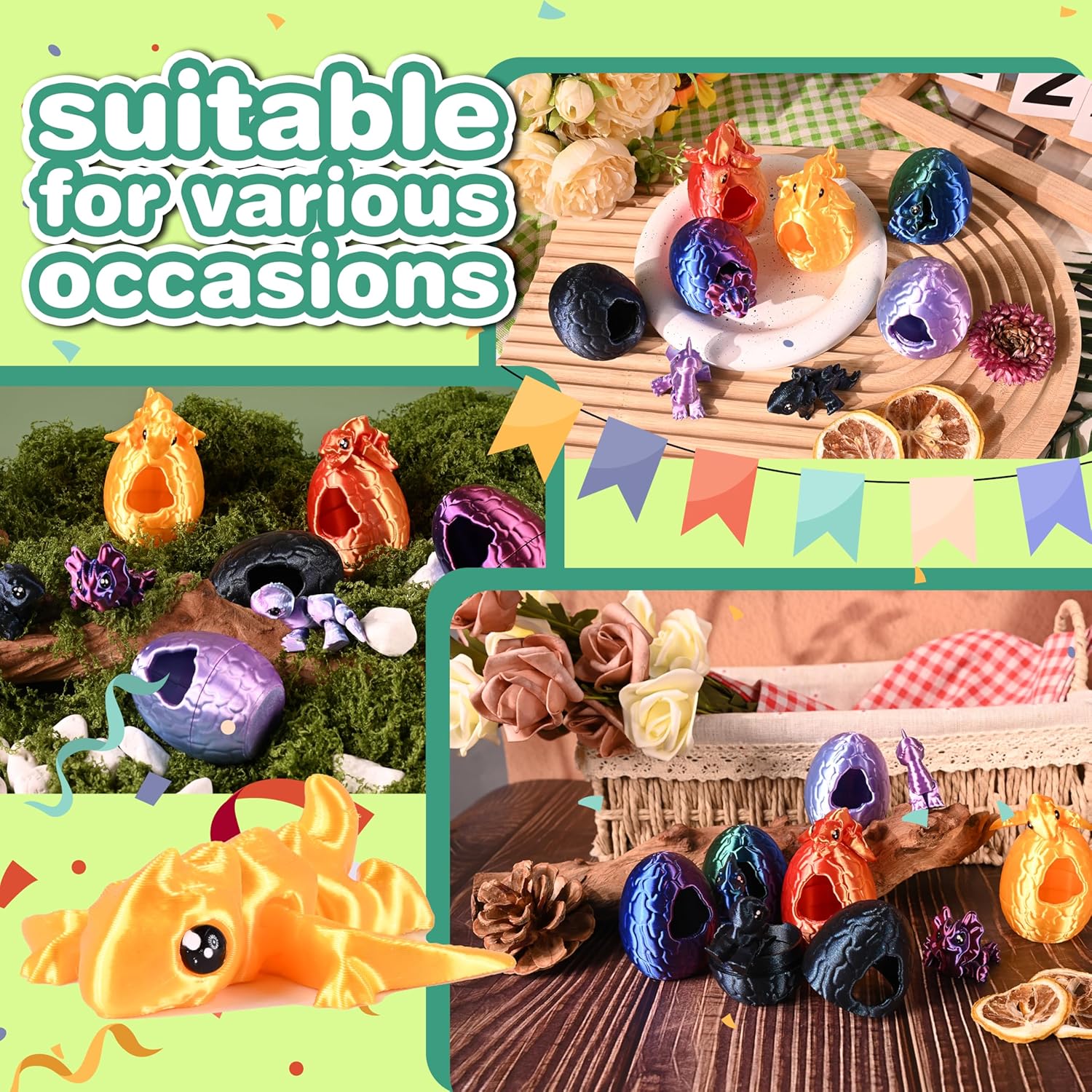 6 Pack 3D Printed Hatching Dinosaur Eggs with Cute Dino Animals Inside, Breakable Egg Toy Set, Articulated Dragon & Animal Fidget Toys, Easter Basket Stuffers, Party Favors, Gifts for Kids