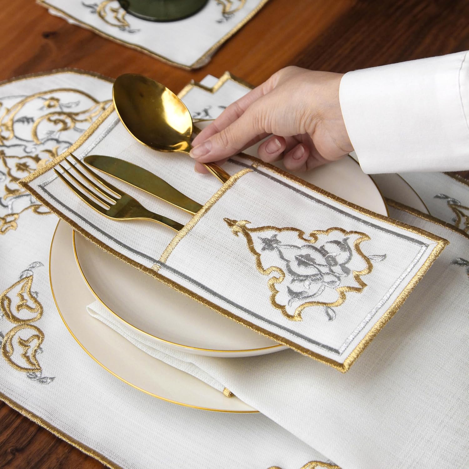 Embroidered Placemats with Gold and Silver Scrollwork Design, White Linen Table Mats with Decorative Border, Elegant Dining Table Linens Set, Islamic Decor Golden Harmony Set for 6 Person / 24 Piece