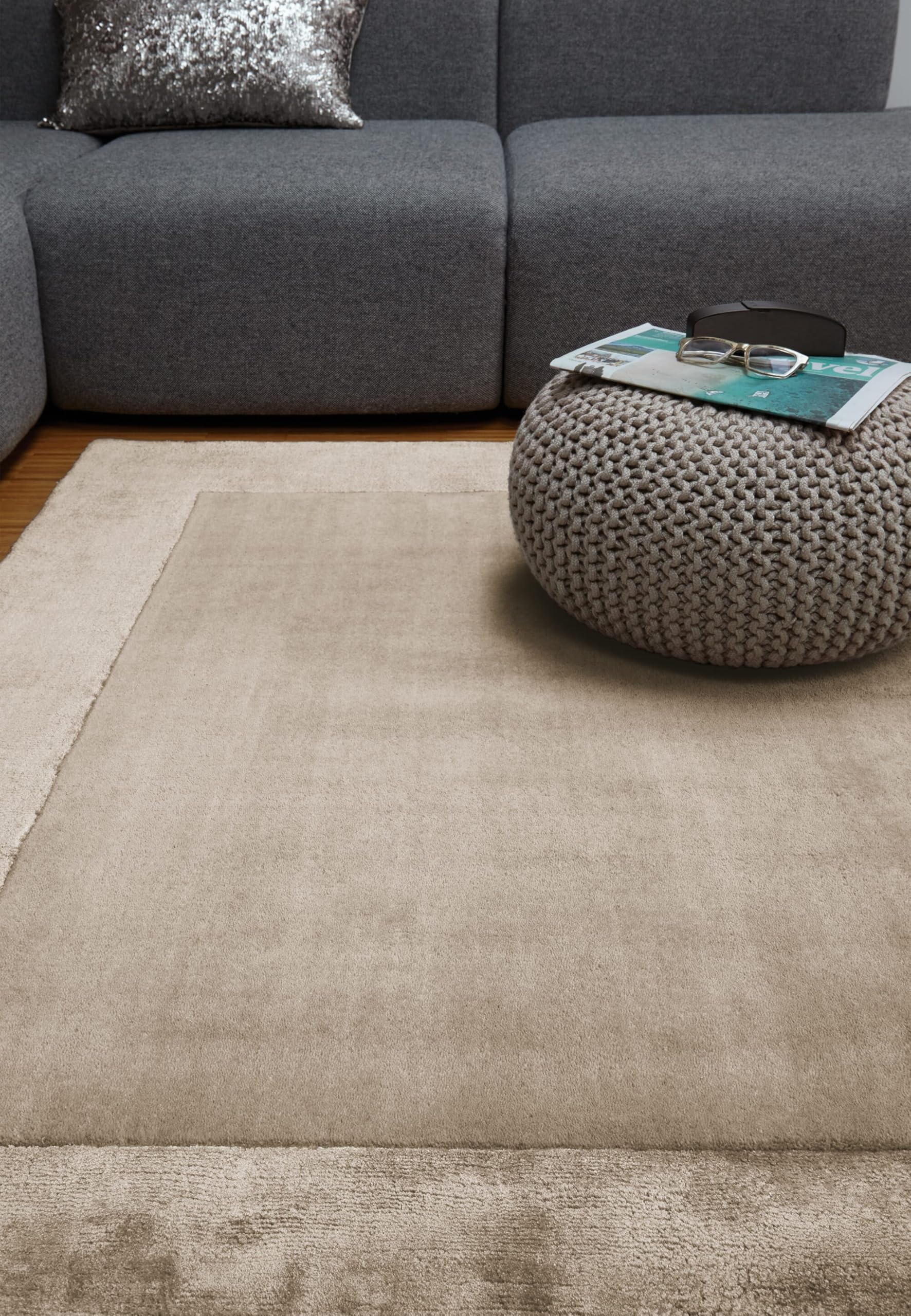 Lord of Rugs Eaton Rug for Living Room Bedroom Soft Wool Plain Hand Woven High Shine Viscose Bordered Rug Sand Beige Natural Medium 120x170 cm (4'x5'6")