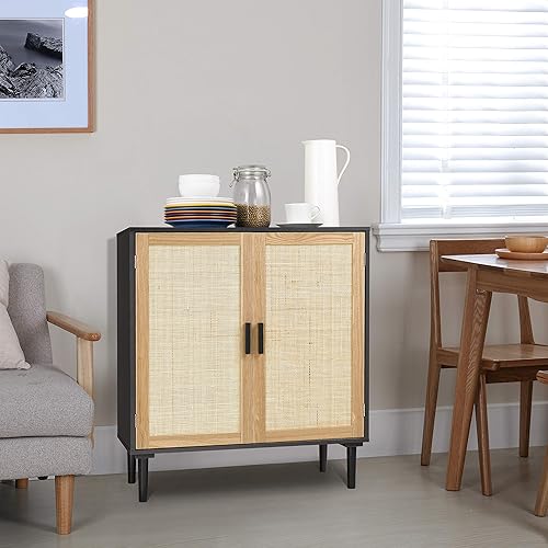 Miniatura 6 de Finnhomy Aparador de bufé, gabinete de almacenamiento de cocina con puertas decoradas de ratán, gabinete de licor para bar, comedor, pasillo, mesa
