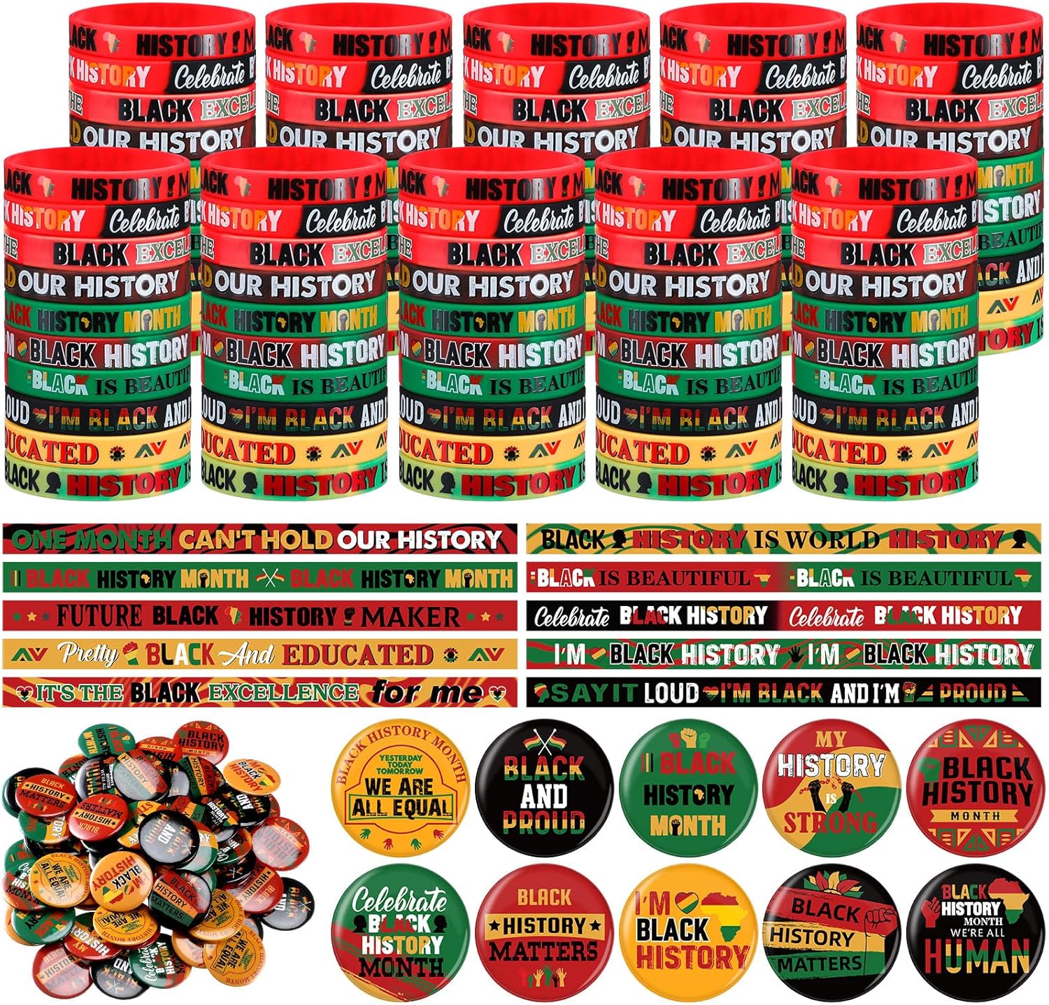 Remuuly 200 Pcs Black History Month Accessories Set Include 100 Silicone Bracelet 100 Inspirational Pin for African Afro American Festival Black American Celebration Accessories, Colorful