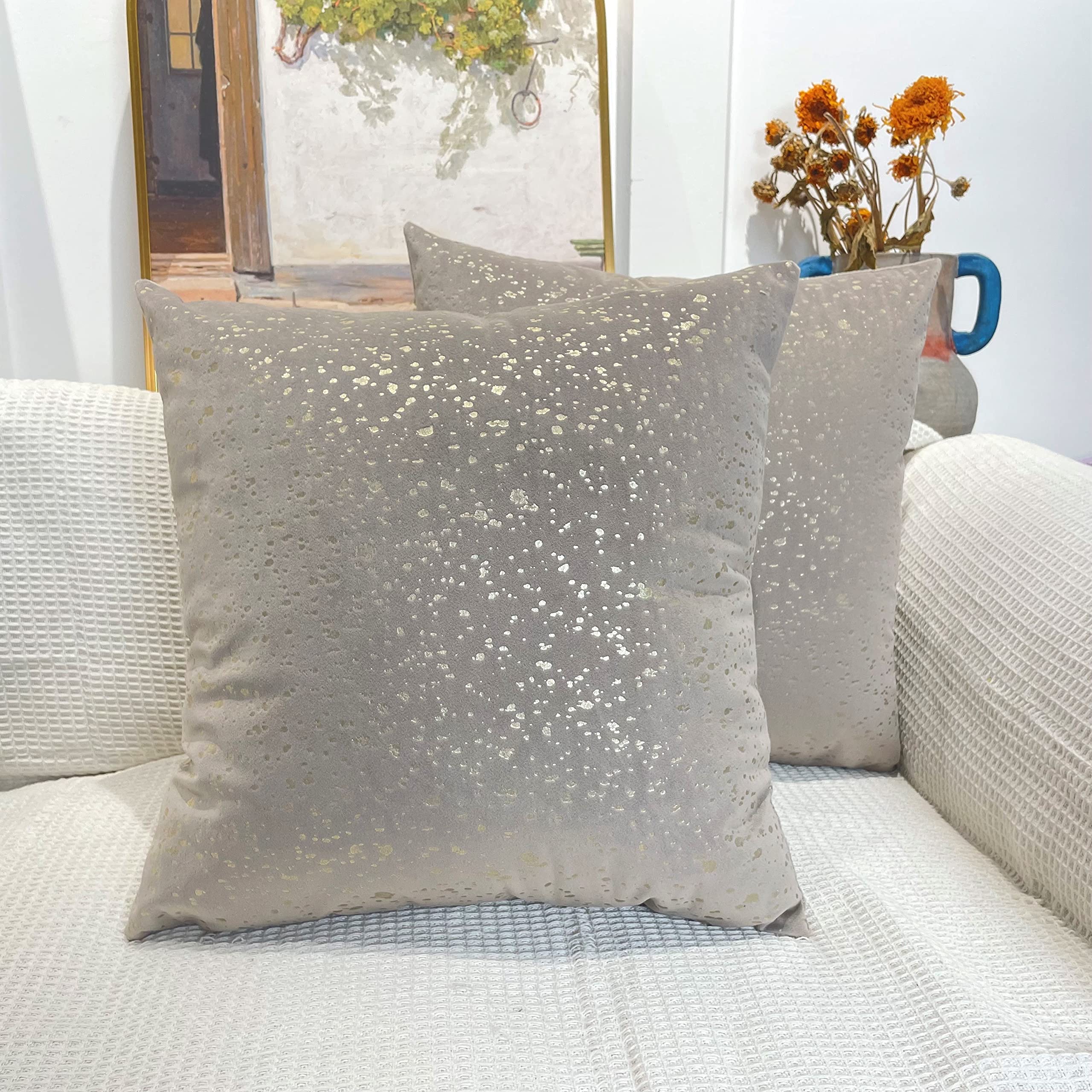 RKAAS HOME Pack of 2 Super Soft Decorative Luxurious Dutch Velvet Square Cushion Covers for Living Room Sofa Couch Bed 45cm x 45cm 18x18 Inches (Pack of 2 - Gold Dot Khaki) — image 1