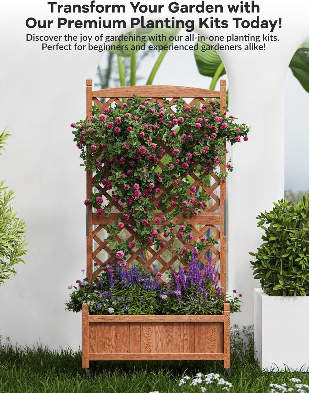 2 PCS Wooden Planter Box with Trellis, 29.5x13x61.5 in – Elevated Raised Garden Bed with Drainage Holes & Locking Wheels – Perfect for Outdoor, Balcony, or Indoor Gardening – Quick Assembly