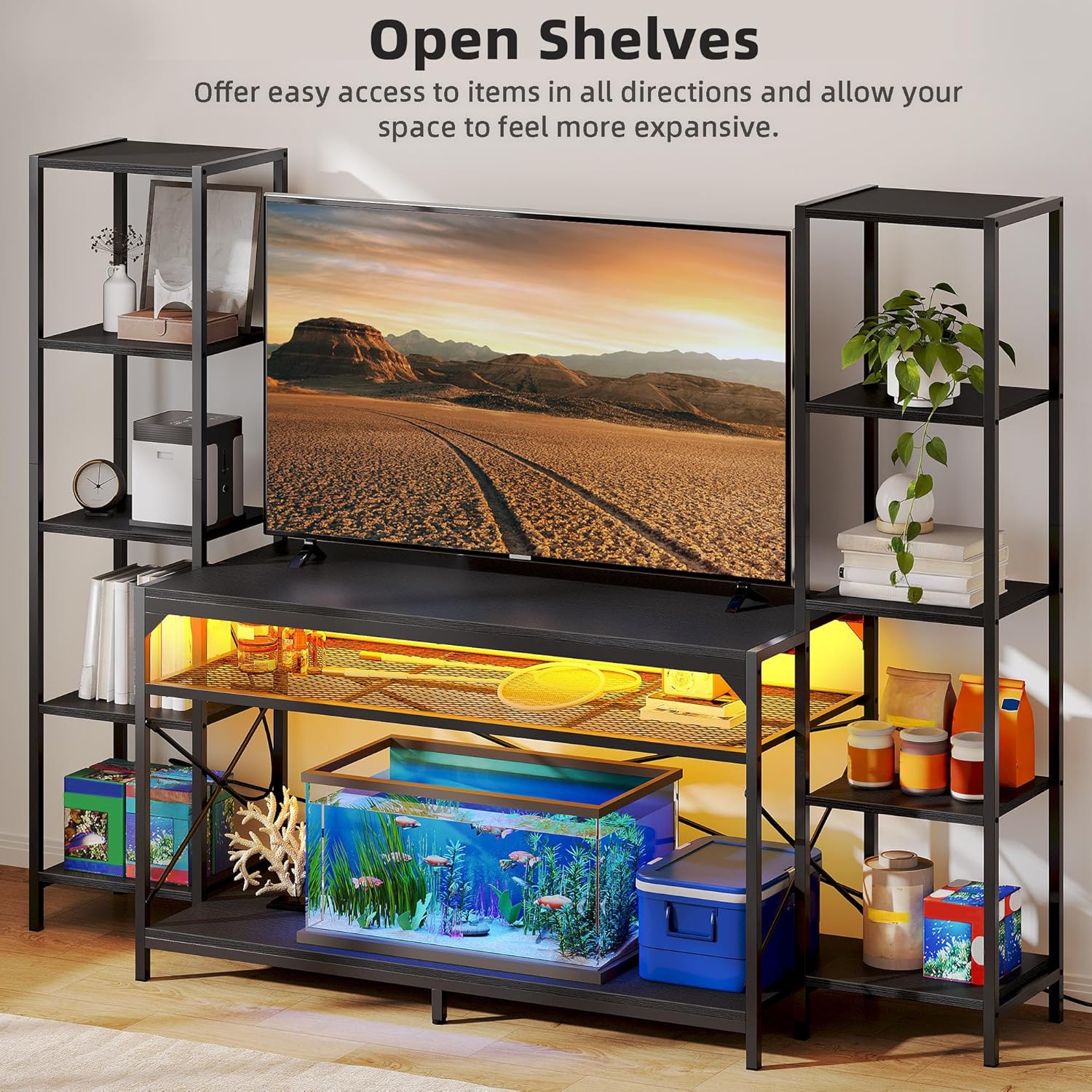 YITAHOME Farmhouse TV Stand for 50/55/60 Inch with Power Outlet & LED Light, Wooden TV Media Console w Storage Display Shelves for 860lbs, Rustic Entertainment Center Table TV Cabinet for Living Room