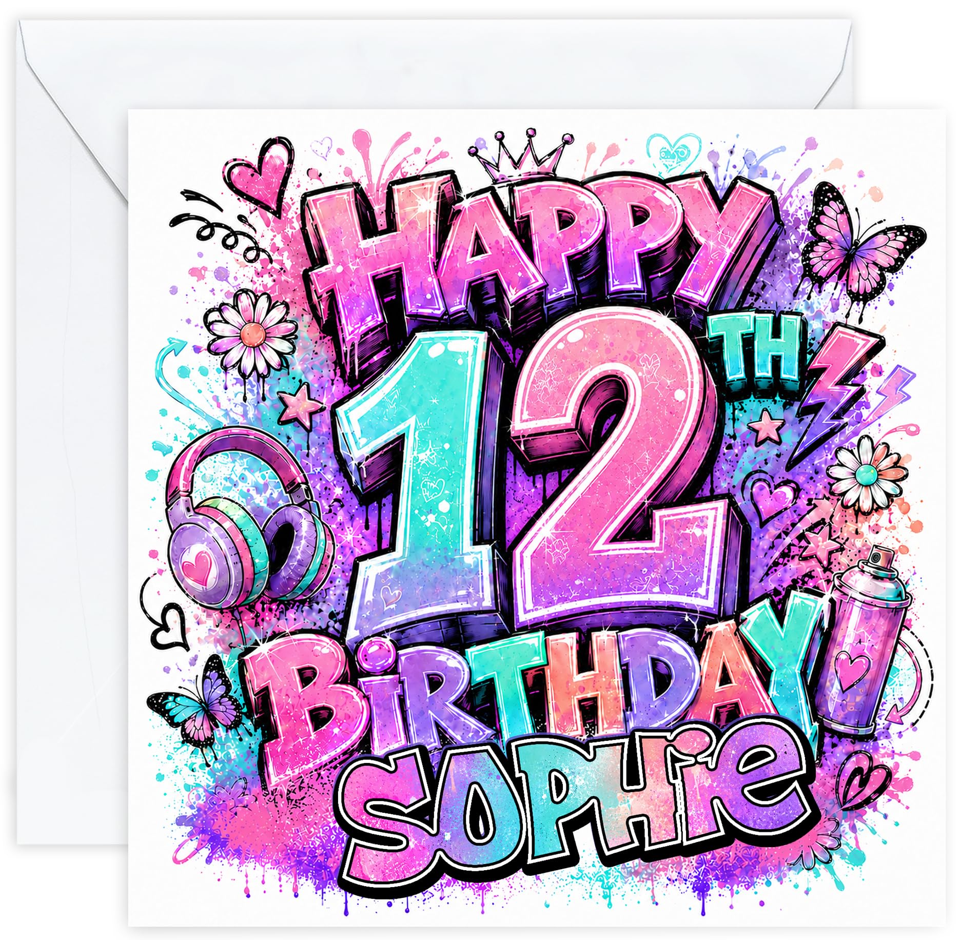Personalised 12th Birthday Card for Girl | Graffiti Birthday Card for 12 Year Old Girls | Add Her Name | Daughter Granddaughter Niece Sister | Optional Printed Inside Message