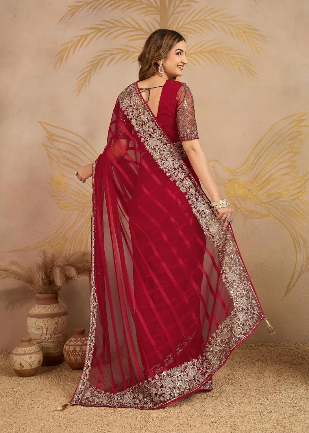 TRENDMALLS Women's Chiffon Embroidery Saree with Blouse Piece (K1169-Red)
