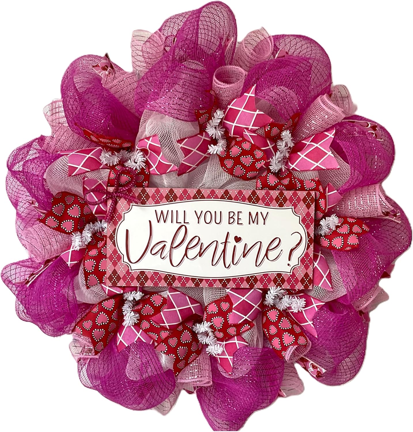 Luxury Handmade Valentine's Day Deco Mesh Wreath – “Will You Be My Valentine” Front Door Decor, 24" or 28"