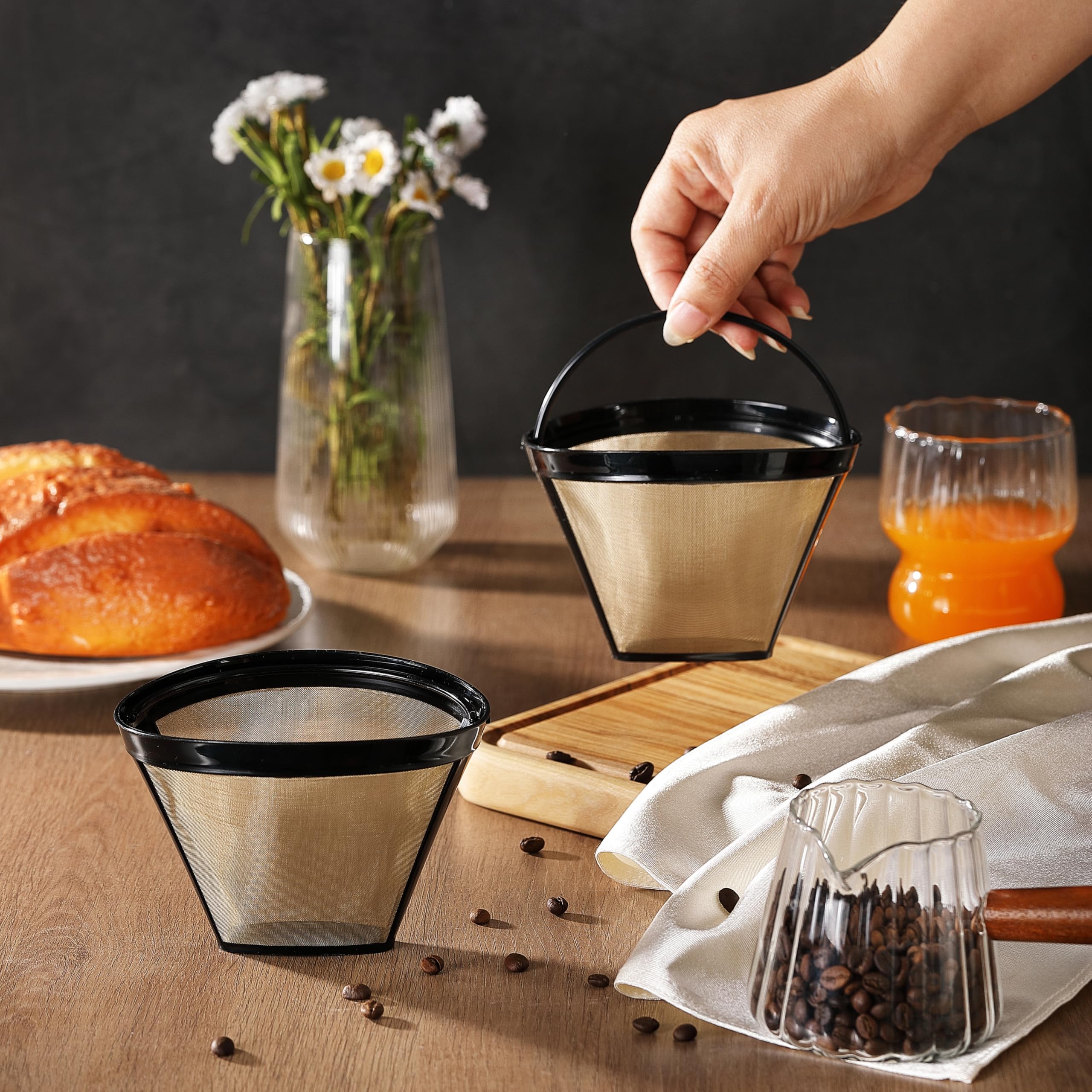 Wiederverwendbare Kaffeefilter, goldfarbenes Metall, permanenter Kaffeefilter, Ersatz für 8–12 Tassen, Kegelfilter, Kaffeemaschinen und Brauer, lebensmittelechter Edelstahl und BPA-frei, 2 Stück