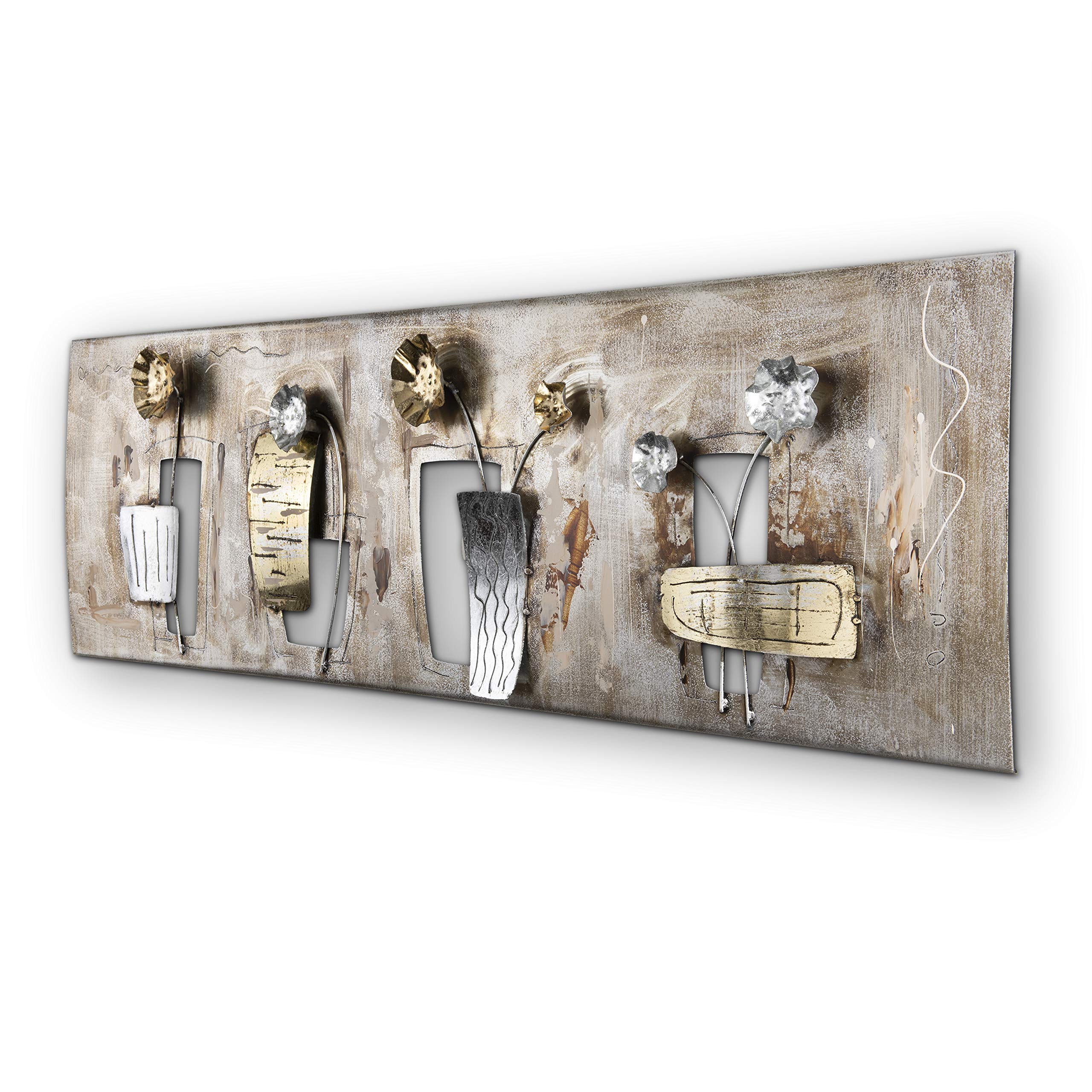 House of Arts | Metallbild 'Planteuse' | Moderne Wanddekoration mit Blumen | Wandbild 3D Wandrelief | Wanddeko Hergestellt in Handarbeit aus Metall | 120 x 40 cm | Bronze Silber Gold