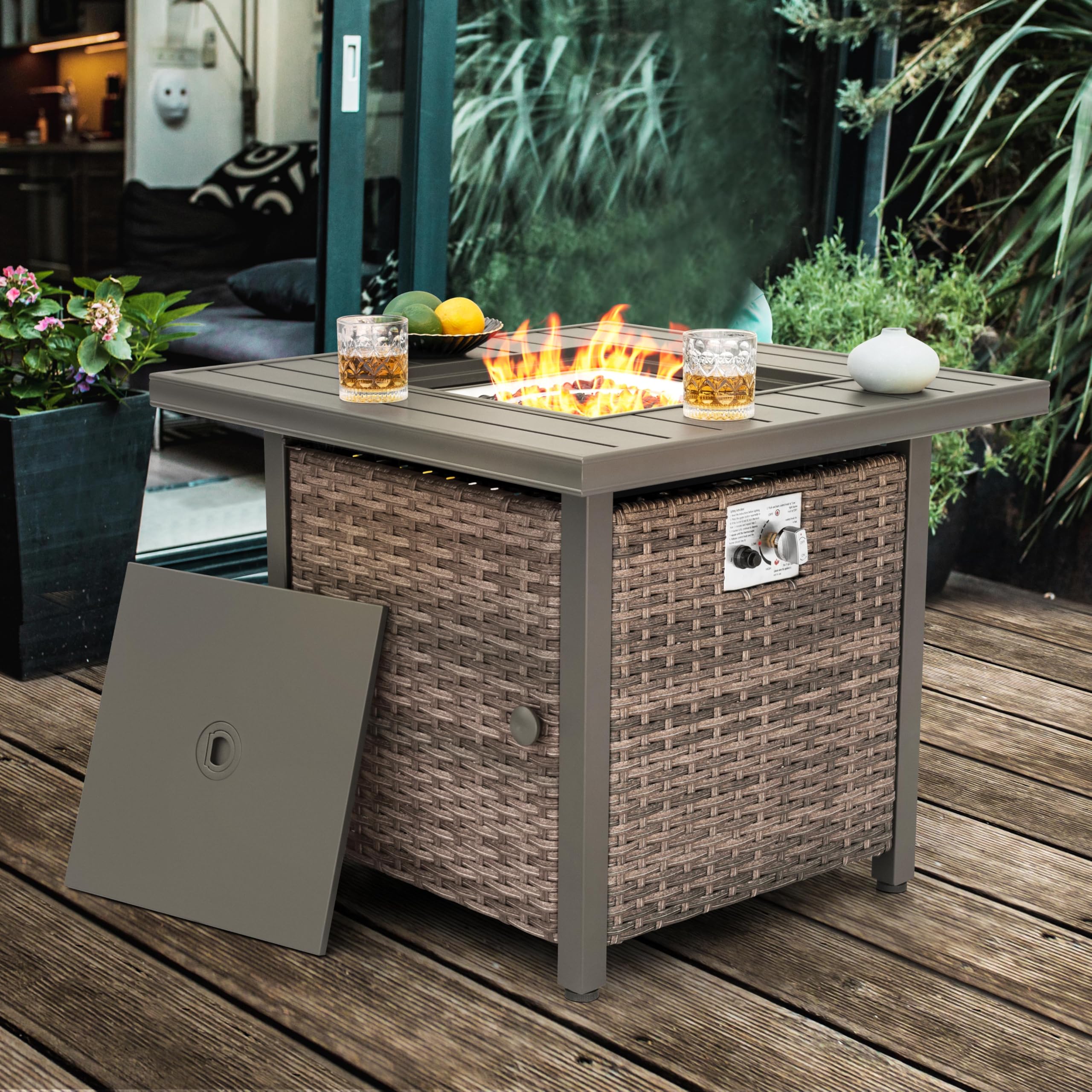 Nuu Garden Propane Fire Pit Table, CSA Certified 30 Inch 50,000 BTU Outdoor Propane Gas Cabinet Square Fire Pit Table, Iron Tabletop, Rattan and Iron