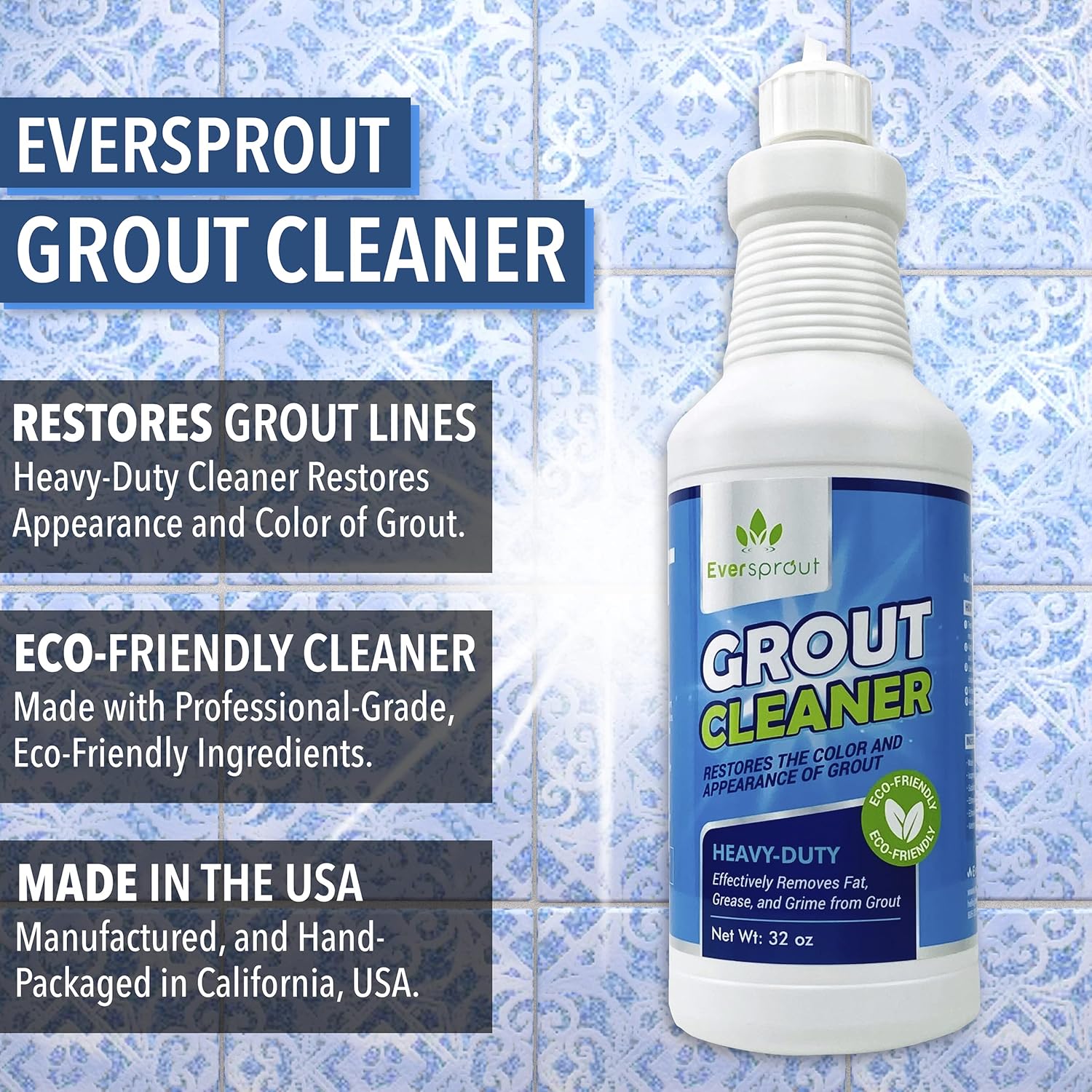 EVERSPROUT Grout Cleaning Kit | 1.5-to-3.5 Foot Grout Brush Scrubber Pro & 2x Heavy-Duty Grout & Tile Cleaners (32 oz Bottles) | Stiff V-Shaped Bristle Brush w/ Pole | Restore Grout Color & Appearance: Health & Personal Care