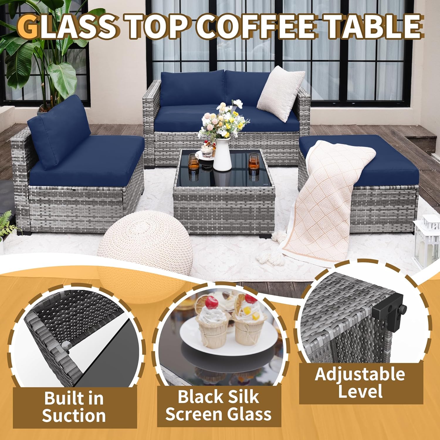 UDPATIO 5 Piece Patio Furniture Set, All-Weather Wicker Outdoor Sectional Sofa, L Shaped Outdoor Conversation Couch with Ottoman, Glass Table for Balcony Porch Backyard, Blue