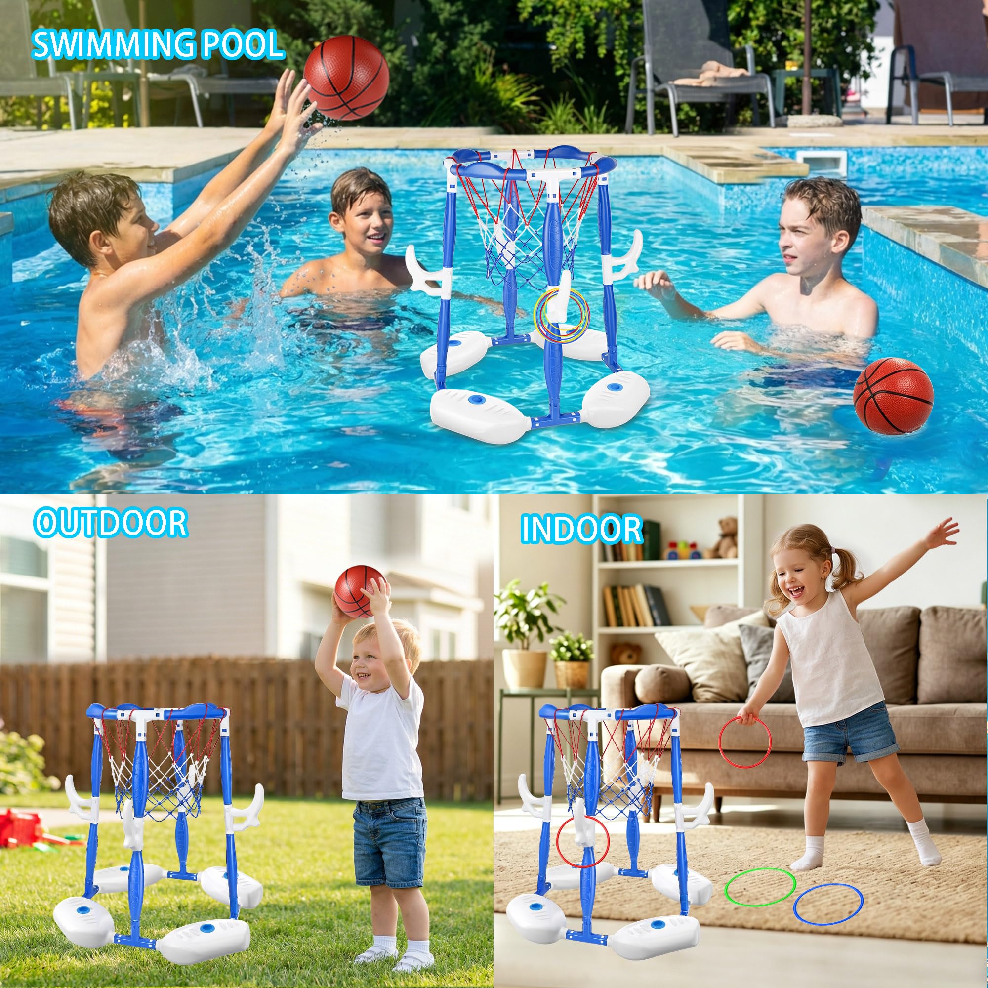 Basketballreifen für Pool, 2-in-1 schwimmendes Set mit 4 Bällen, 12 Reifen und Pumpe, ideal für Familienfeiern im Freien, schwimmendes Pool-Spielzeug für Kinder von 4 bis 8 Jahren und 8 Jahren
