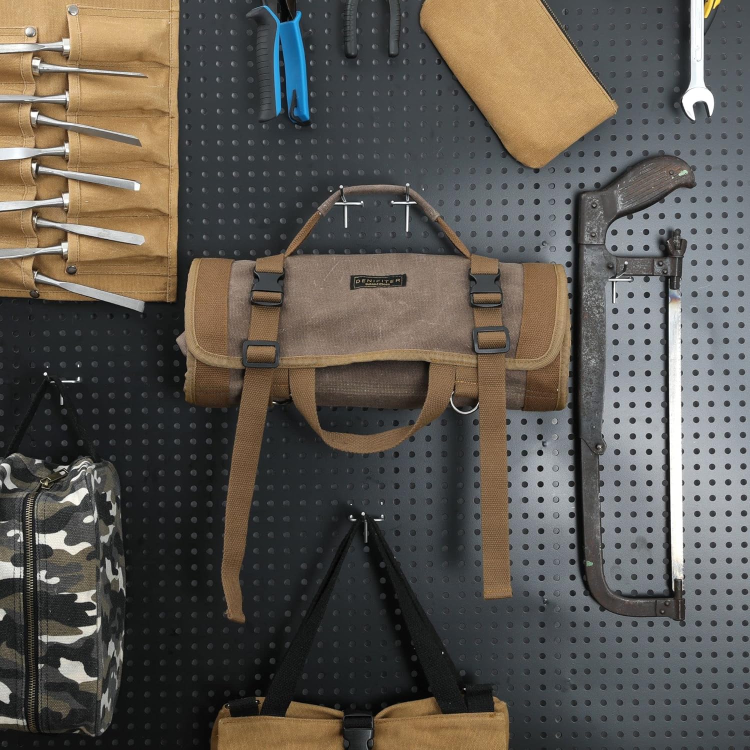 Wrench Tool Roll Bag, Heavy Duty Waxed Canvas Multi-Purpose Tool Organize Bag With 6 Zipper Pockets (Grey)