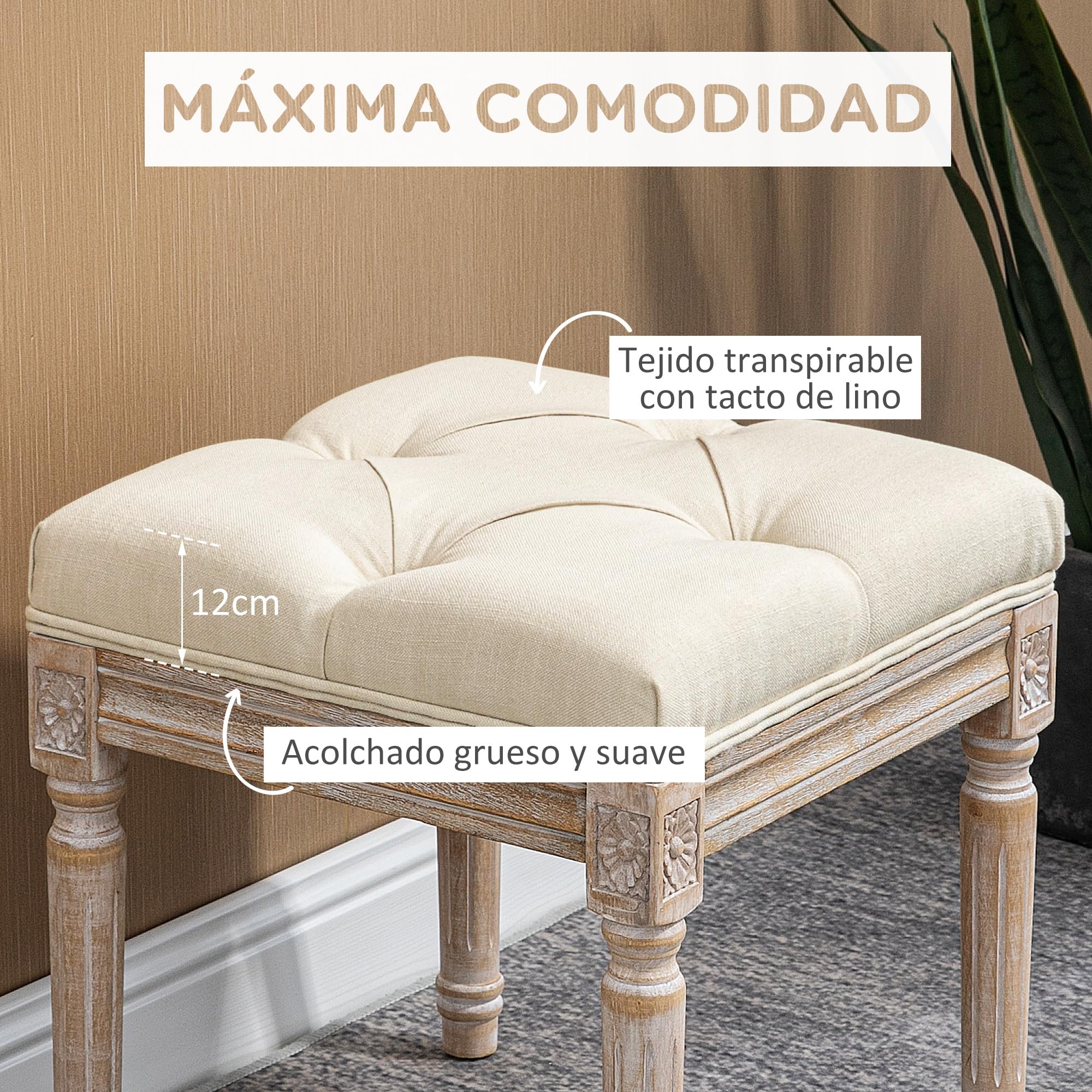 HOMCOM Tabouret pied de lit avec pieds en bois et siège rembourré Charge 120 kg Banquette de chambre pour entrée couloir 40 x 40 x 43 cm Beige