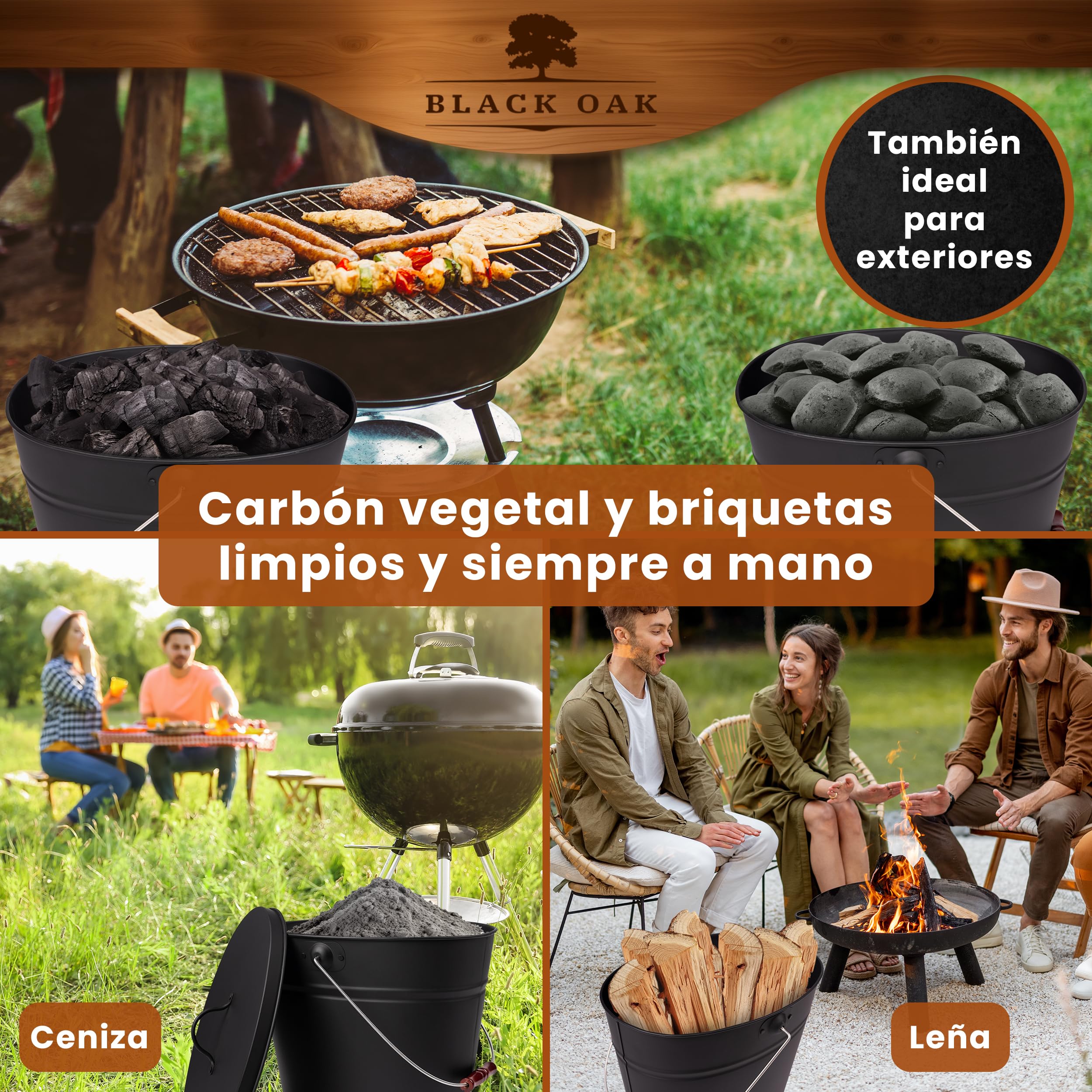 BLACK OAK KATLA - Cubo de cenizas (15 L, tapa negra con botón de madera, grande, 15 L, acero galvanizado, recubrimiento en polvo, cenizas y carbón, accesorio ideal para chimenea, estufa de azulejos,