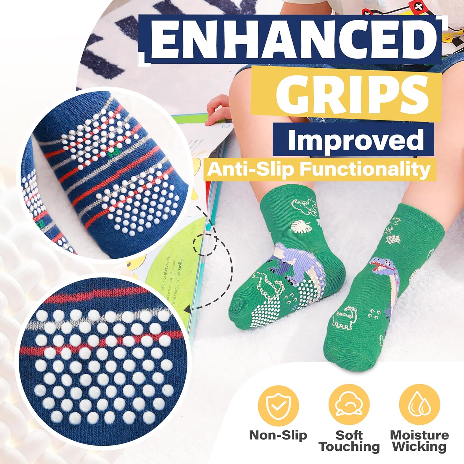 ANTSANG Toddlers Boys Girls Grip Socks Baby Kids Non Slip Anti Skid Fun Sweet Car Dinosaur Crew Cotton Gift Socks 12 Pairs - Image 4