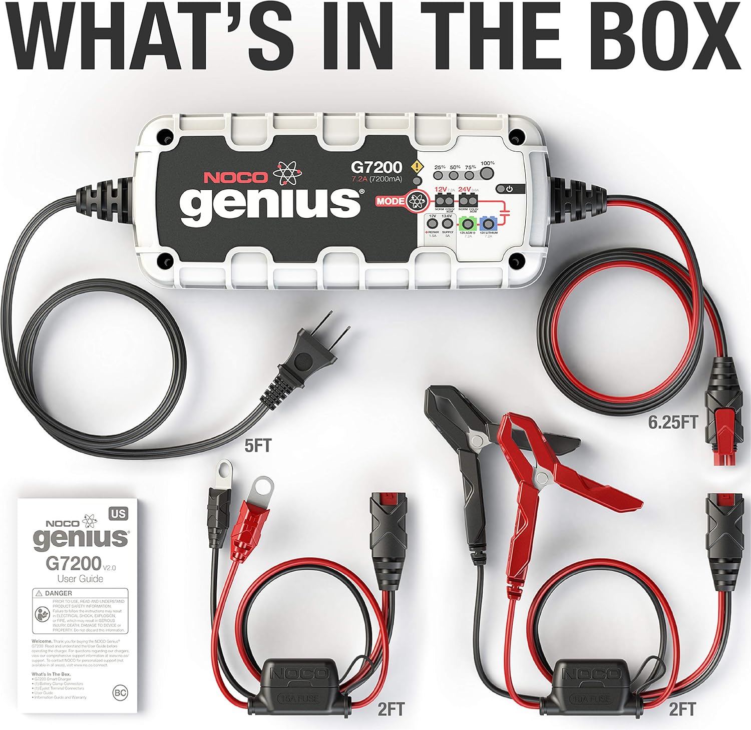 Contents of the NOCO Genius G7200 box including charger, clamps, eyelets, and user guide