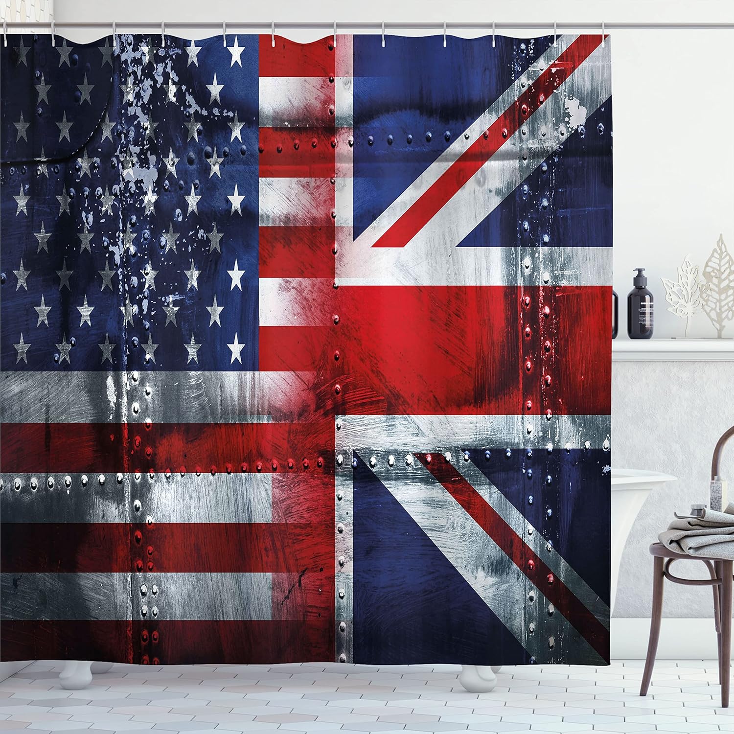 Ambesonne Union Jack Shower Curtain, Grunge Industrial Themed Composition of UK and USA Flags Vintage Print, Cloth Fabric Bathroom Decor Set with Hooks, 69" W x 75" L, Navy Blue White Red
