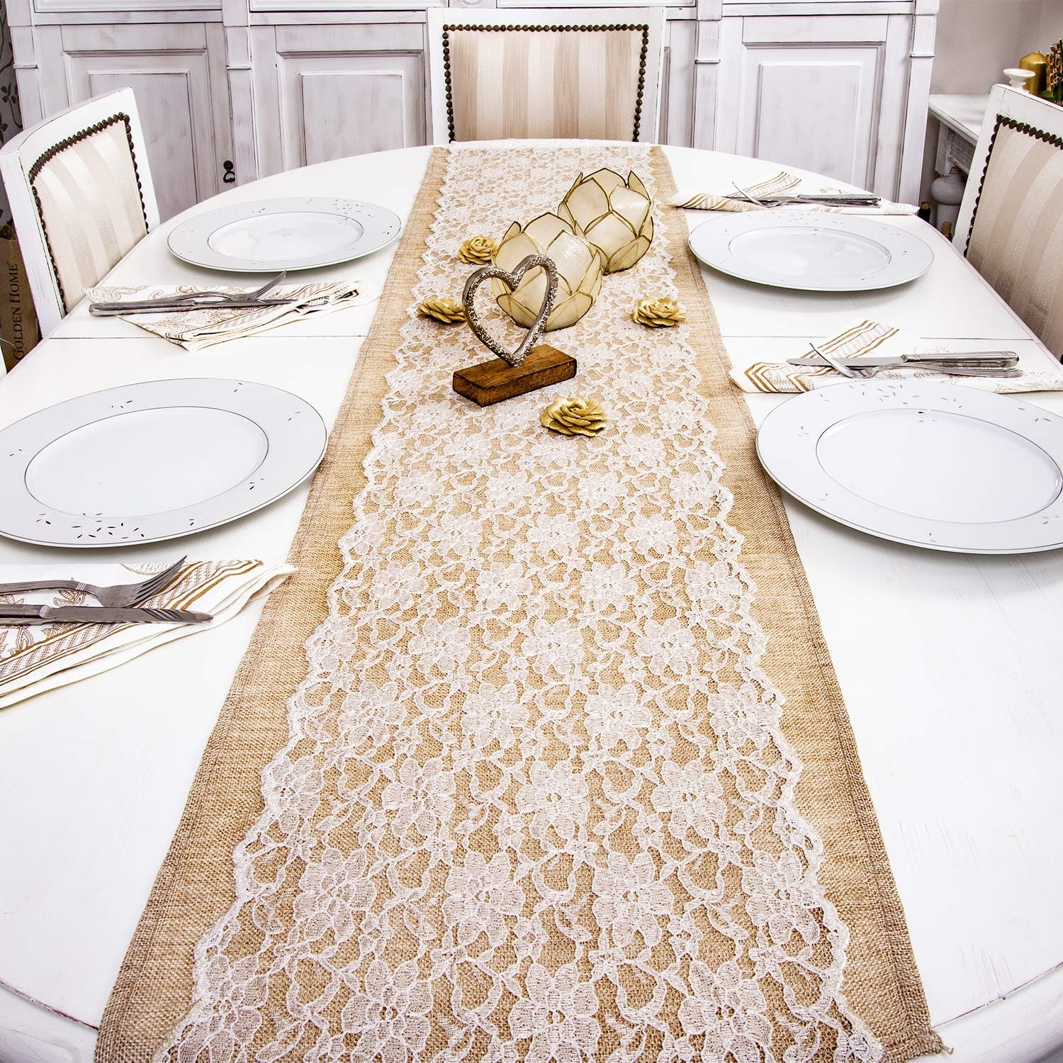 Get Special Price FEMINEN TEXTILE Soft Gold Lace Table Runner 12 inches x 16 Yards for Classy, Vintage and Boho Wedding and Reception Decorations