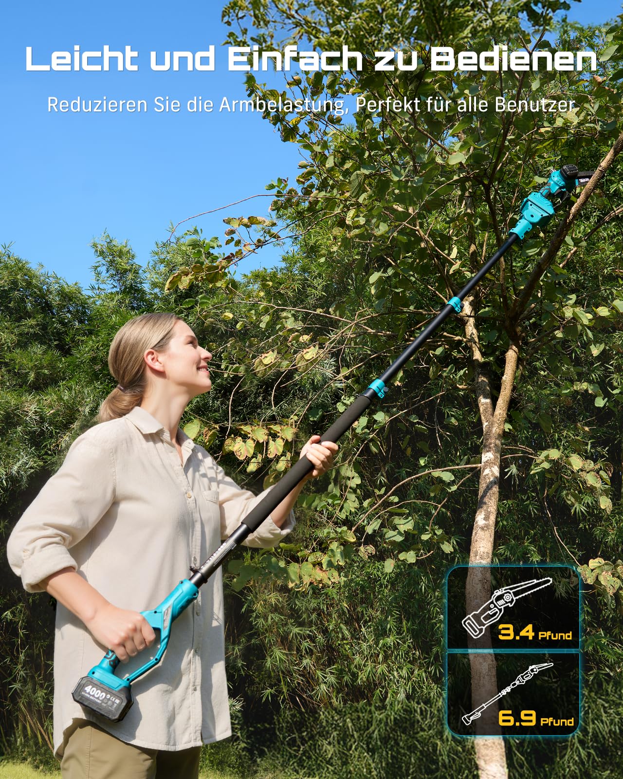 SEESII 2-in-1 Akku Hochentaster, 6-Zoll Bürstenlose Mini-Kettensäge mit 2 x 4000 mAh Batterien, 4.87m Reichweite, Kompatible mit Makita Akku 18V, für Baum Trimmen Ast Schneiden Gartengerät