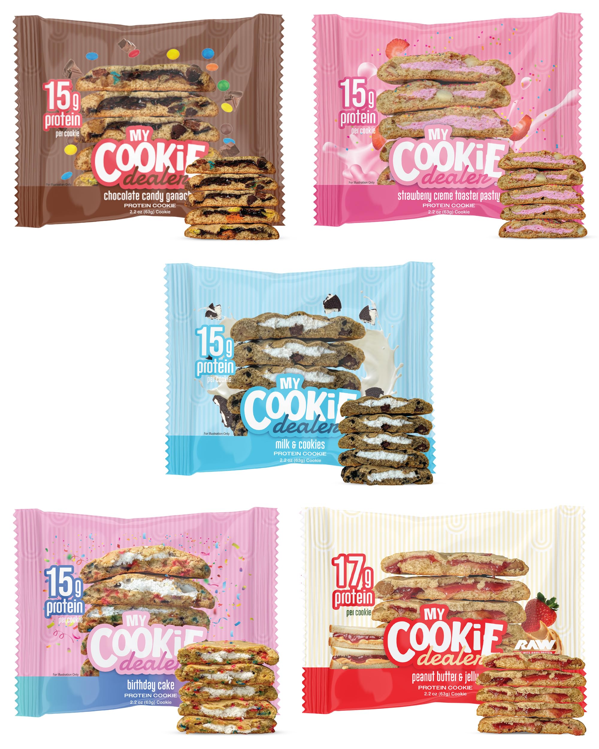 My Cookie Dealer Protein Cookies, Variety Pack (5-Pack, 2.2oz Each) - 15-17g of Protein per Cookie - Individually Wrapped Travel Snacks