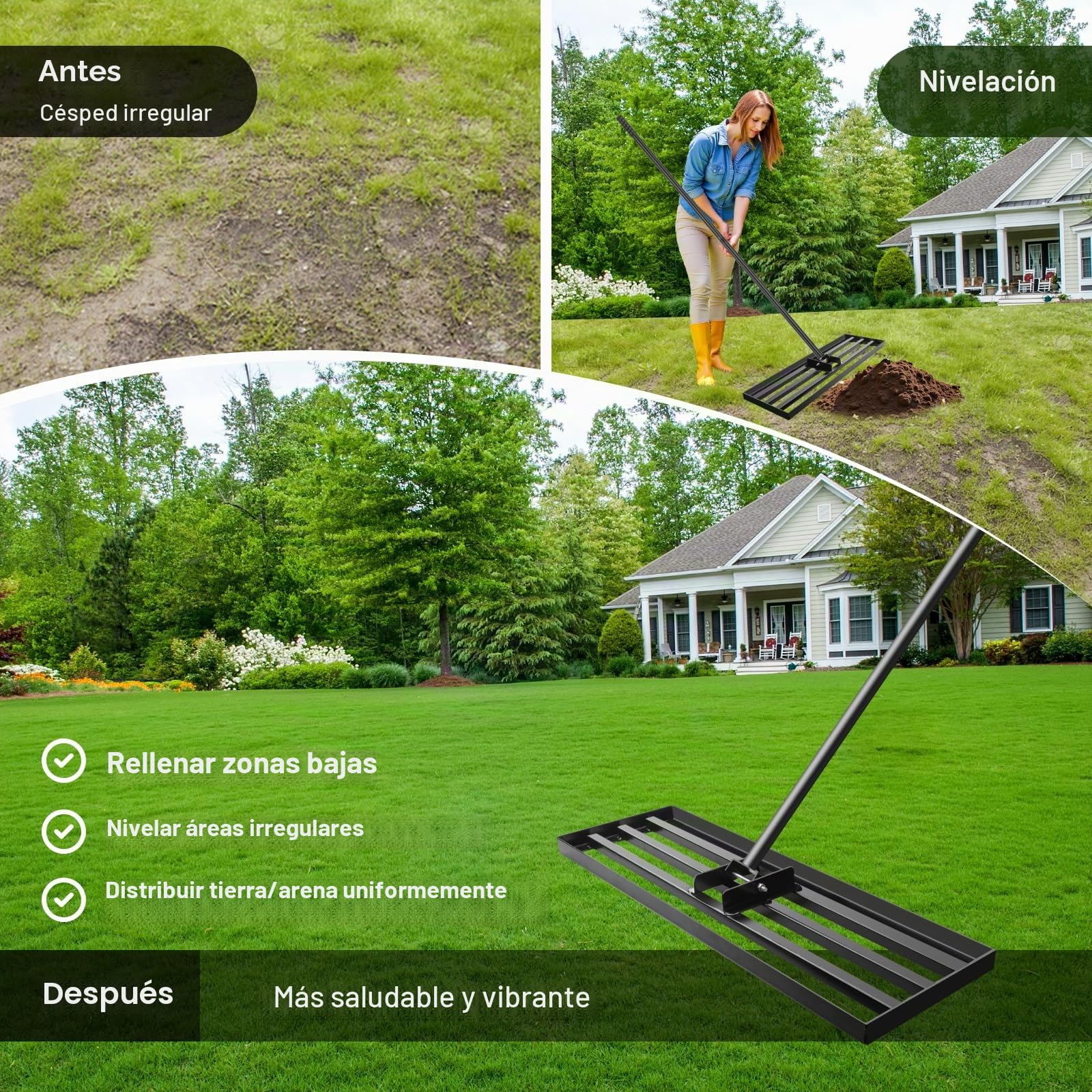Rastrillo Nivelador de Césped 41x25cm, Rastrillo de Nivelación de Césped Resistente con Mango Ajustable Antideslizante de 213cm, Rastrillo para Césped Jardín, Campo de Golf, Negro