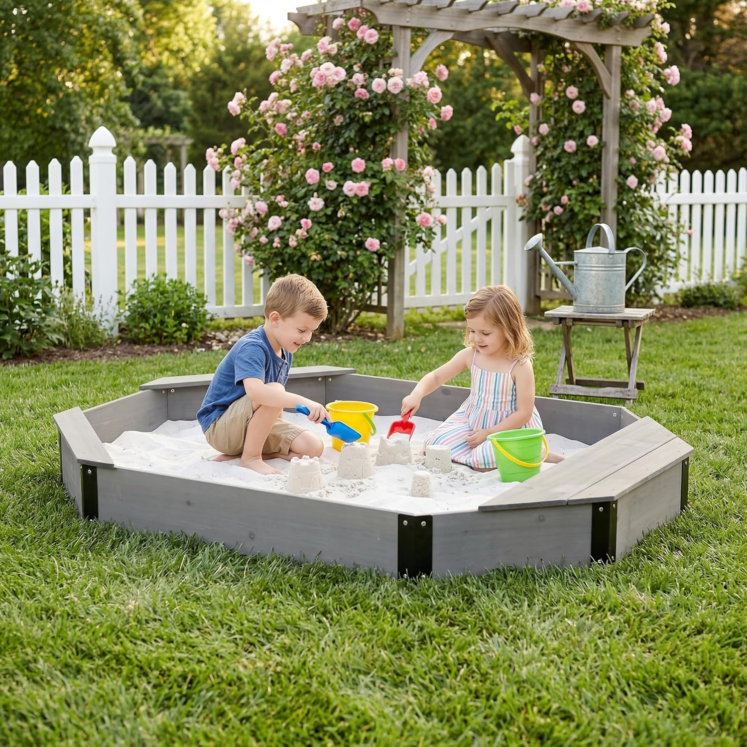 Octagonal Solid Wood Kids Sandbox with Bench Seats, Cover, and Storage Liner for Backyard Play