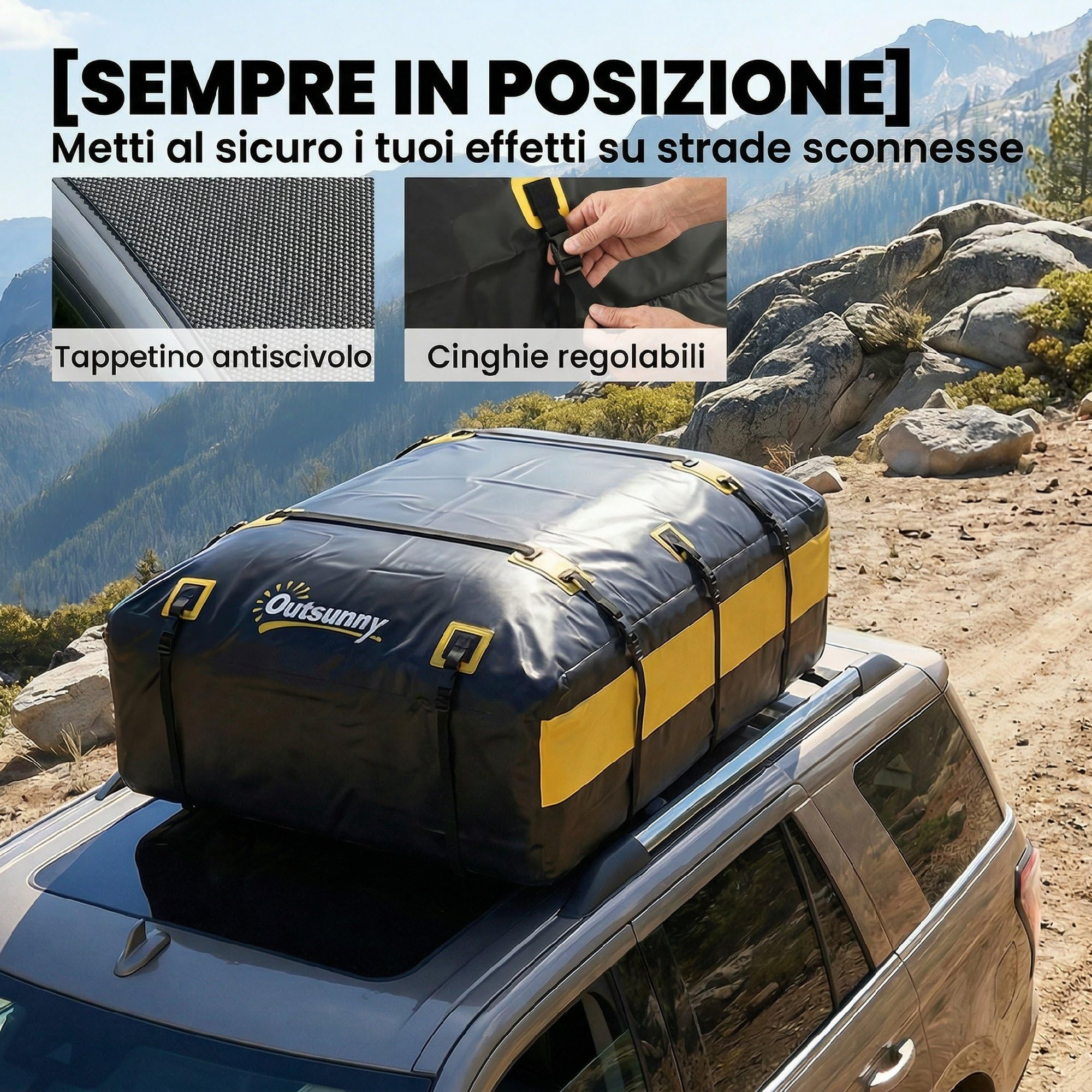 Outsunny Portabagagli da Tetto 595 Litri Impermeabile, Borsa da Tetto Auto con 6 Cinghie Rinforzate, Tappetino Antiscivolo e Ganci per Portiere, Adatto a Tutti i Veicoli con o senza Barre, Giallo