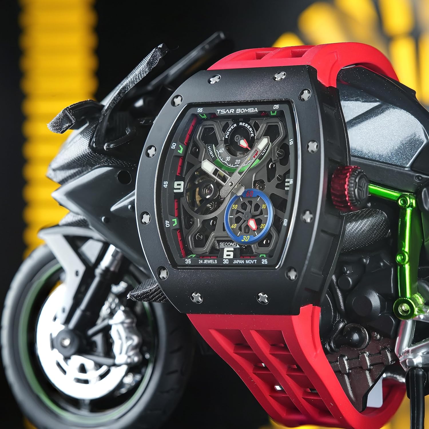 TSAR BOMBA Automatic Watches for Men Mechanical Analog Men's Watch Skeleton Wrist Watch Tonneau Big Dial Watch with Luminous Sapphire Crystal Case FKM Rubber Strap Replica Gifts
