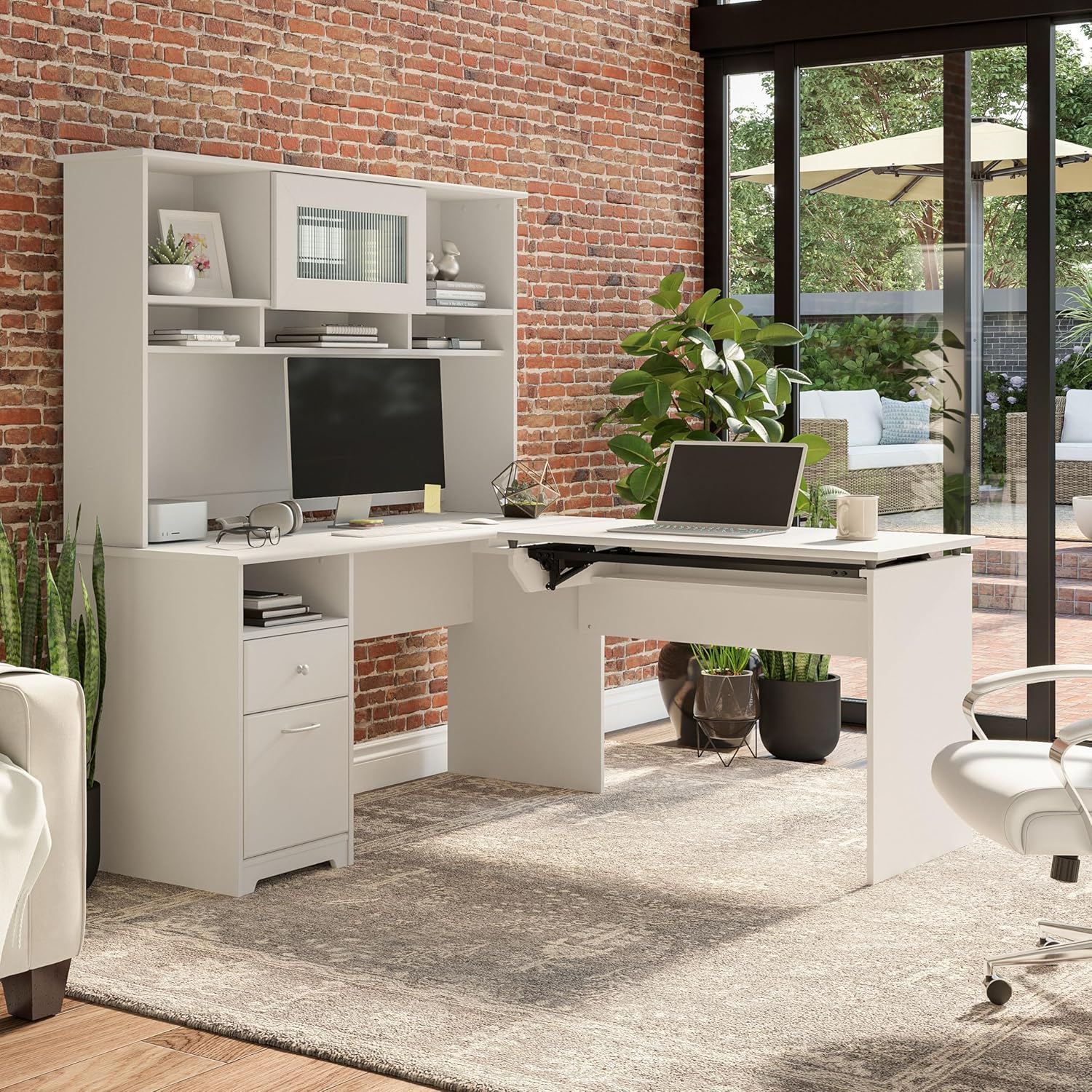 Bush Home Cabot 60W 3 Position Sit to Stand L Shaped Desk with Hutch in White