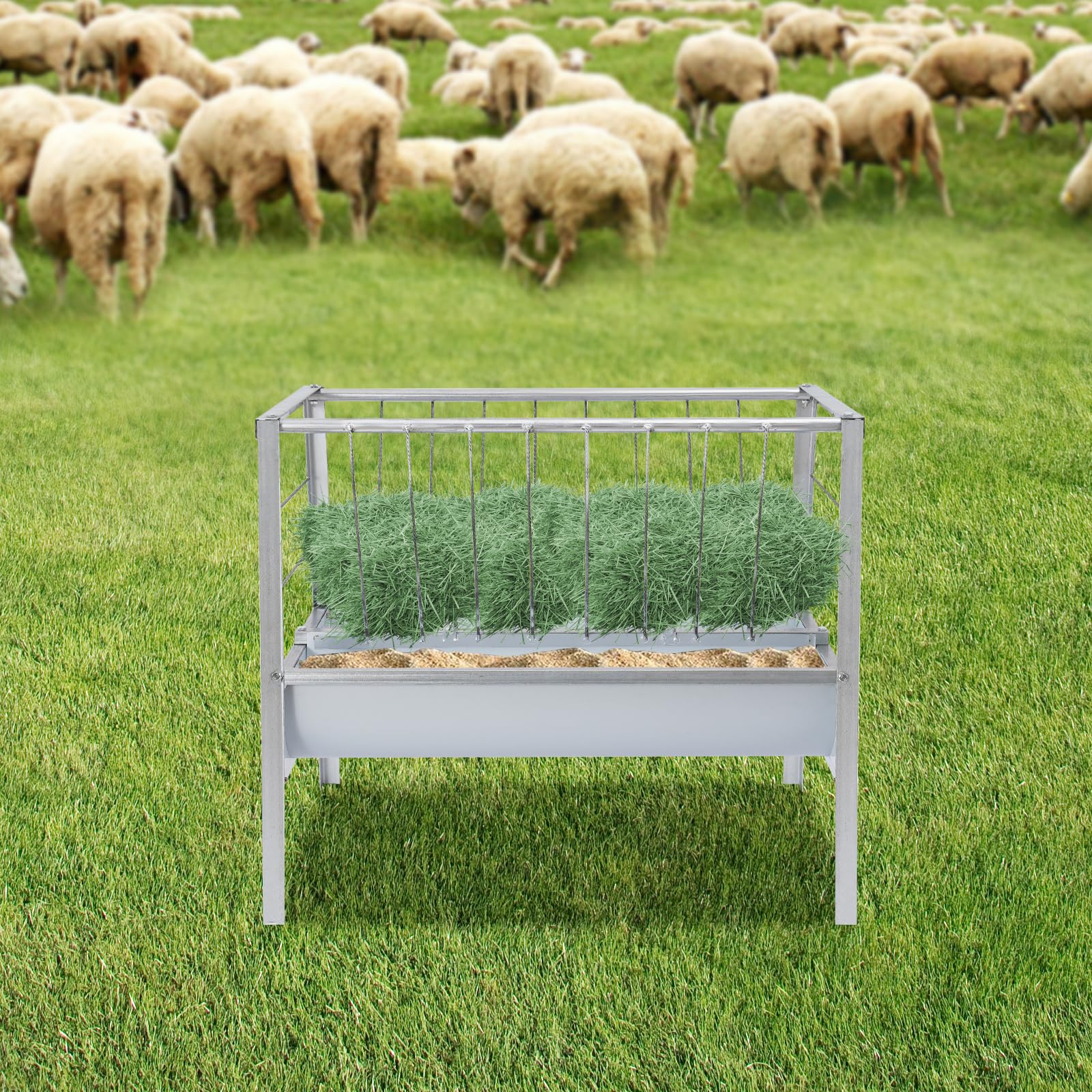 2 en 1 comedero para heno y cereales de metal para heno y grano, sin desperdicio, cabras independientes, comedero con 2 comederos profundos para ovejas, cabras, caballos, ganado, 100 x 66 x 85 cm