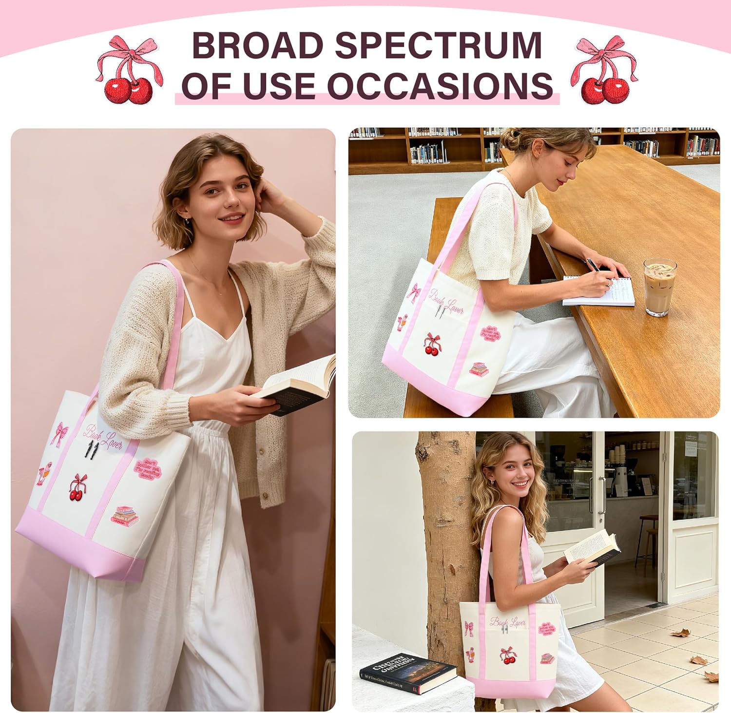 Canvas Tote Bag for Women, Book Lover Tote Bag with 5 Embroidery Patches Reusable Grocery Shopping Handbag for Bookish - Image 2