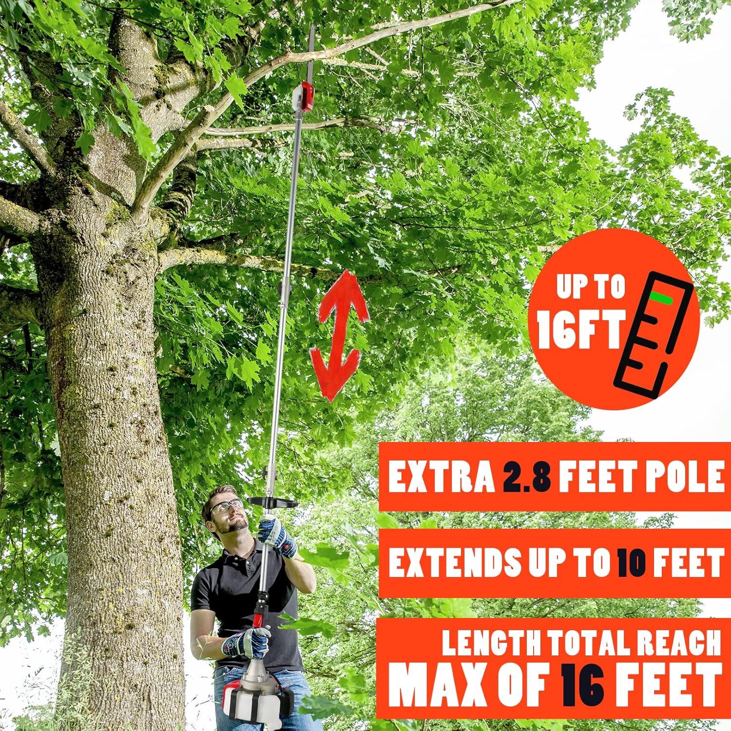 58CC Pole Saw Gas Powered, 2 Cycle Pole Chainsaw Tree Trimmer, 16 FT Extendable Gas Pole Saws for Tree Trimming with 11.5 Inch Cutting Bar for Tree Pruning Branch Cutting