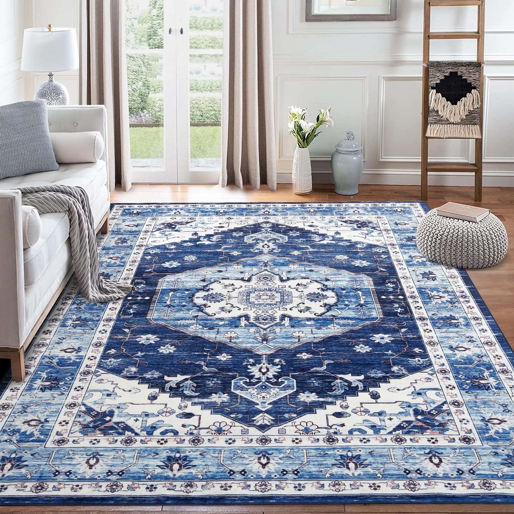 Area Rug 8x10 Floral Rug Washable Rug Vintage Medallion Bordered Floor Cover for Bedroom Living Room Rug Boho Tribal South-Western 8 x 10 Aesthetic Rug Non-Shedding Anti-Slip Carpet, Blue