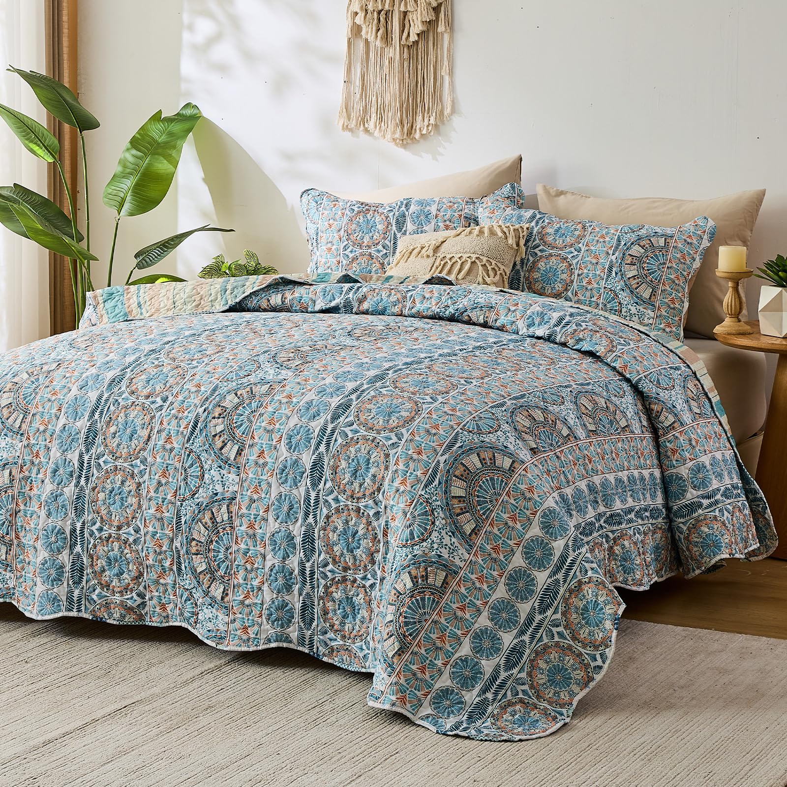 Photo 1 of Qucover Oversized King Bedspread 138x122, Extra Wide Super King Quilt, 3 Pieces Soft Microfiber Lightweight Reversible Coverlet, Boho Style, Teal Blue, with Pillowcase