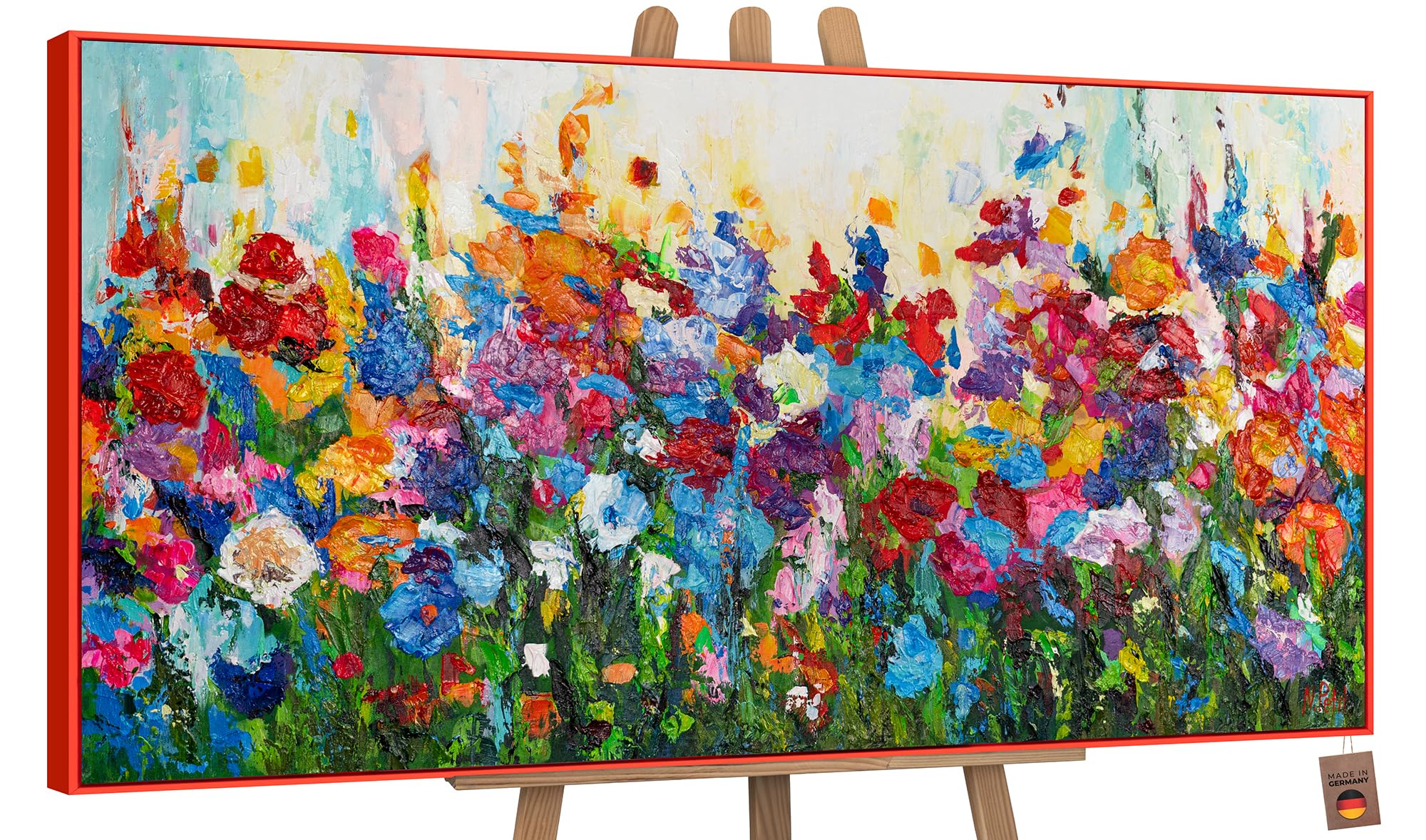 YS-Art Framed hand painted painting with flower Floral colors Abstract artwork motive summer Wall art in colorful shades Home decor 55x28 in