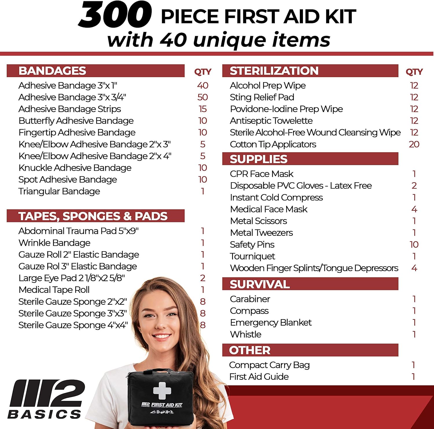 Professional 300 Piece (40 Unique Items) First Aid Kit | Emergency Medical Kits | Home, Business, Camping, Car, Office, Travel, Vehicle, Kids, Boat, Survival, Supplies