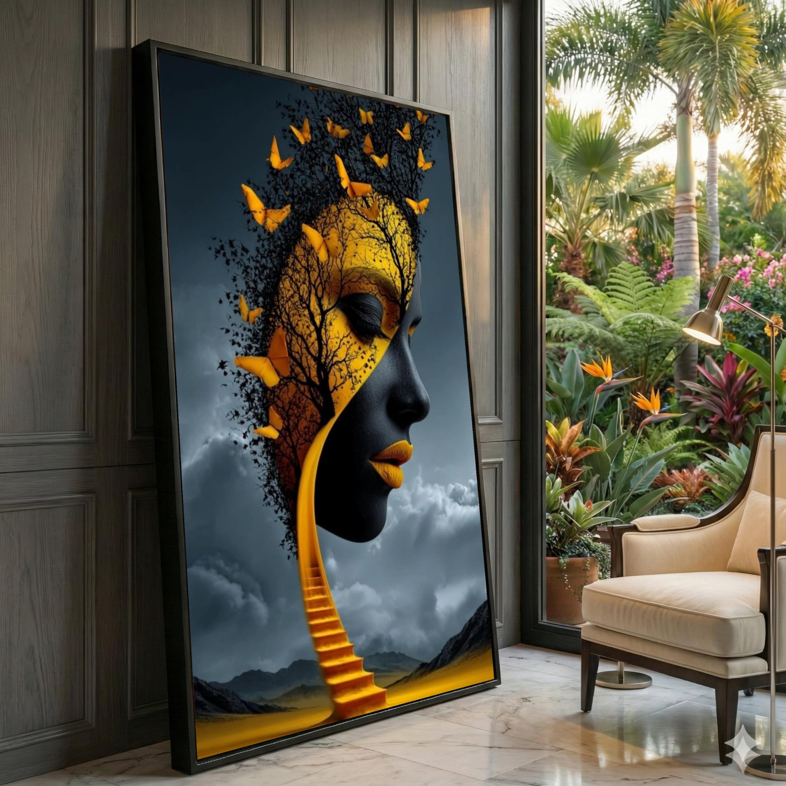 XINBAO Surreal Female Portrait Canvas, Black Face with Golden Butterflies,Tree Silhouette Art, Abstract Wall Decor Home Canvas(40x70cm/Frameless)