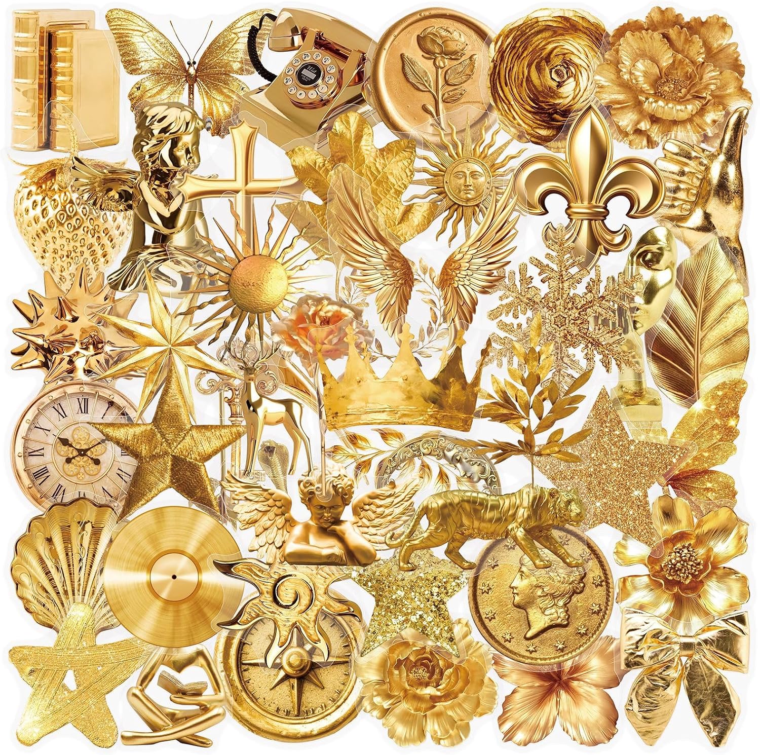 50Pcs Gold Aesthetic Stickers, Waterproof PET Decals for Water Bottle Laptop Phone Suitcase Scrapbook Cup Diary Guitar, Vintage Metallic Gold Stickers for Teens Girls Kids DIY Decor Party Favors Gifts