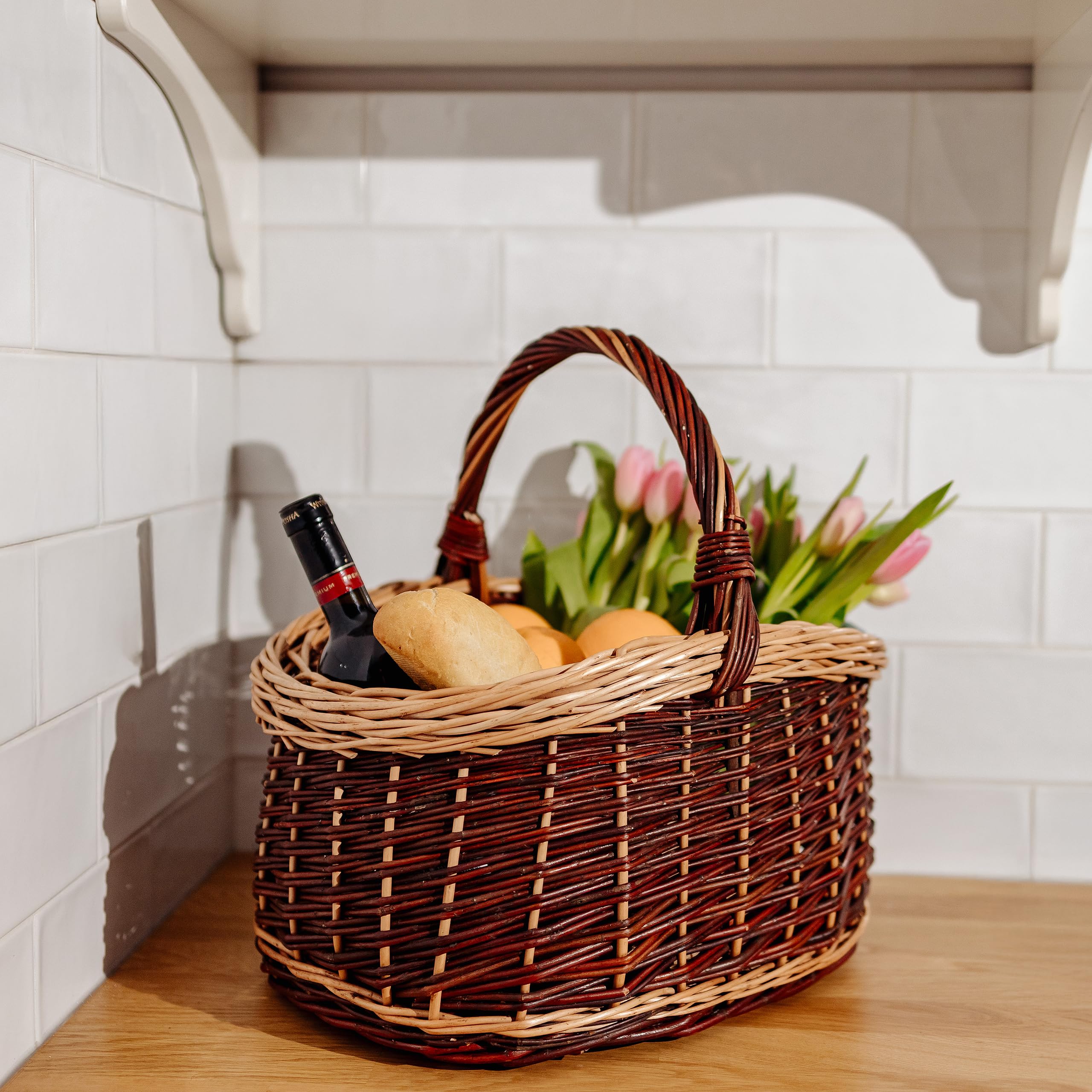 Creative Home Cesta de Mimbre Grande con Asa y Trenza Picnic 43x33x40cm | (+/-1cm) | Ligera | para Setas Compra Regalo Plantas Decoración | Tejida a Mano | Mimbre Claro y Oscuro | Multiuso y Práctica