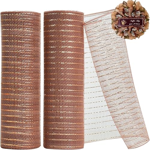 TONIFUL 2 rollos de cinta de malla decorativa de color oro rosa de 10 pulgadas, malla de tela con papel de aluminio para suministros de corona de
