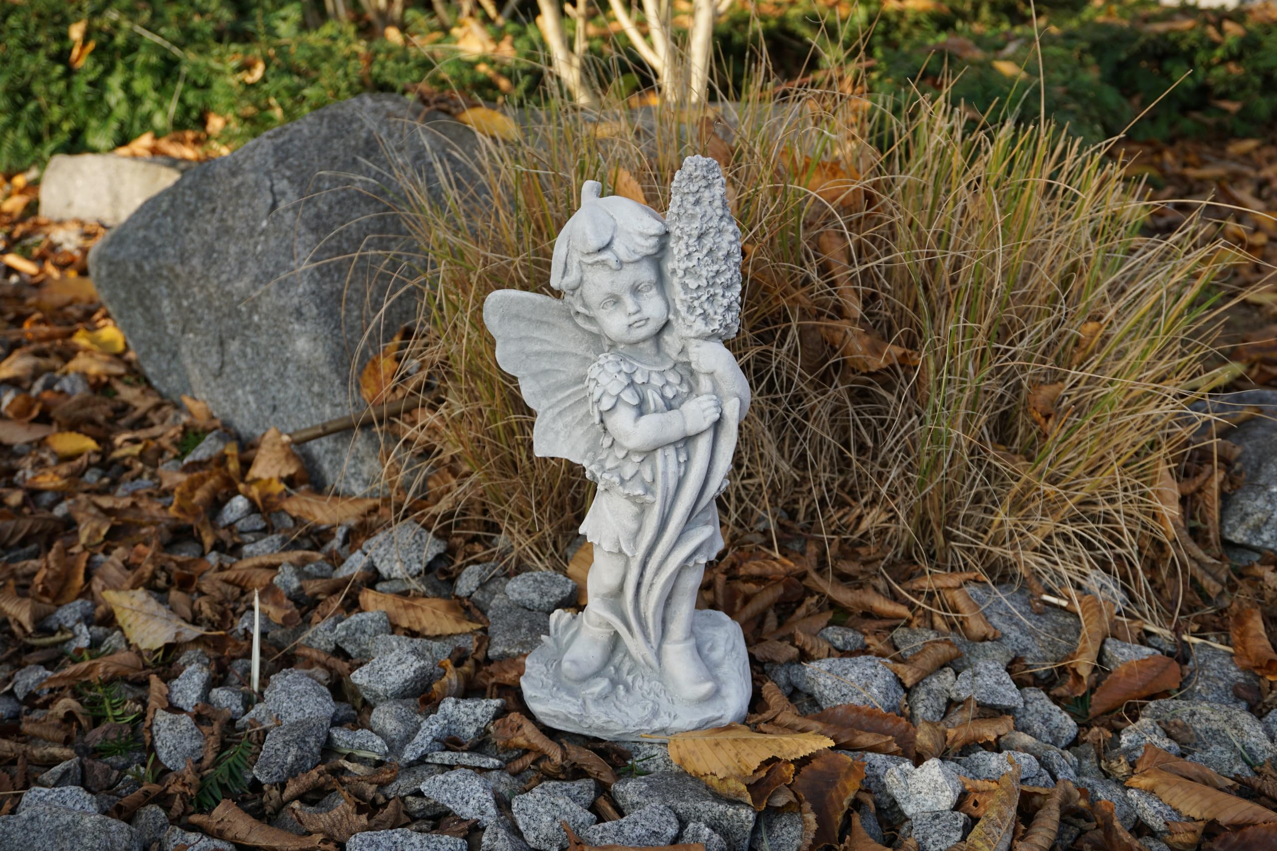 gartendekoparadies.de Elfe mit Hyazinthe, Steinfigur, Grau, Frostsicher aus Steinguss für Außenbereich, H. 32 cm, 3 kg